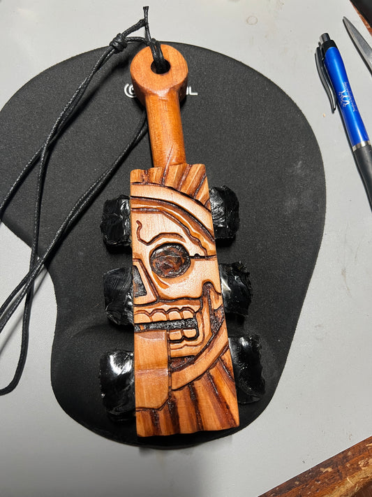 Mini Macuahuitl Azteca Necklace, Piedra de Muerte, Stone of Death, Mictlantecuitli, Carved, Obsidian Blades, Hangable Art handmade 8.25"