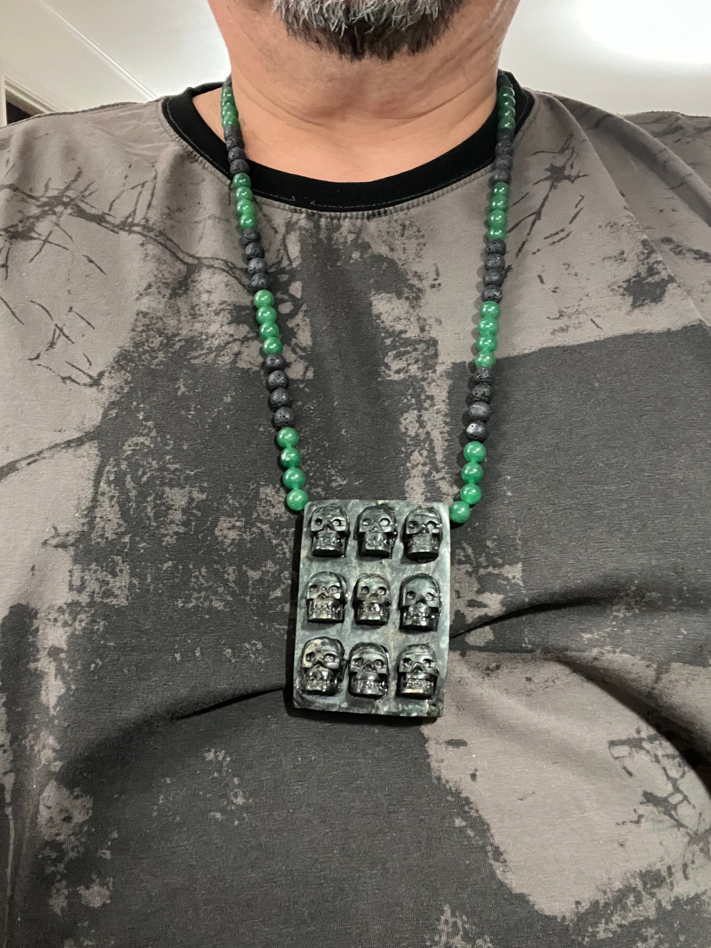 Aztec Jade Tzompantli Skull Rack Pendant, Jade and obsidian Beads, adjustable (#13)