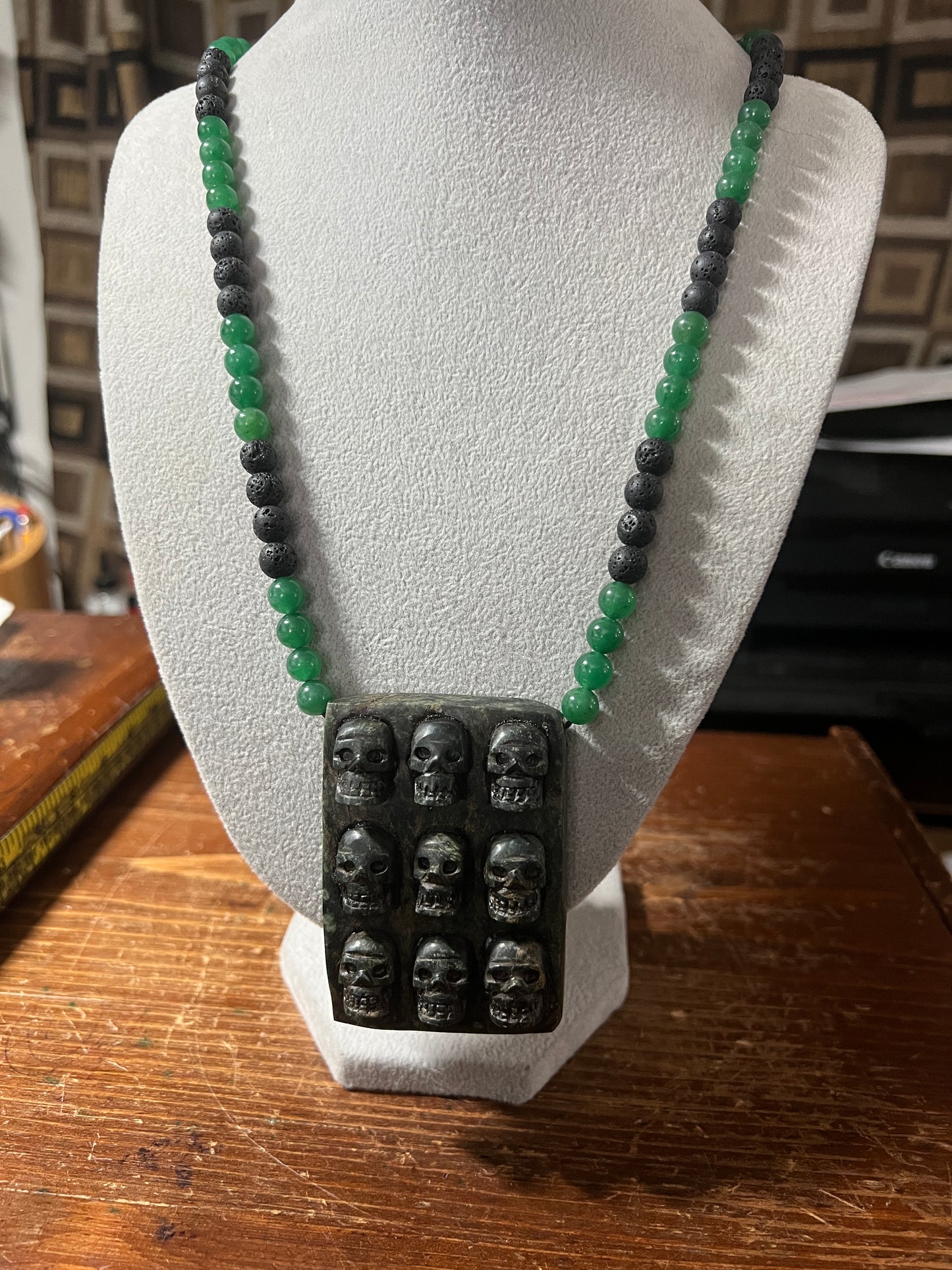 Aztec Jade Tzompantli Skull Rack Pendant, Jade and obsidian Beads, adjustable (#13)