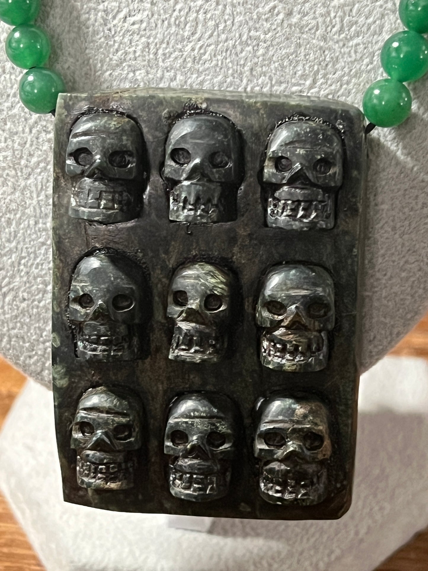 Aztec Jade Tzompantli Skull Rack Pendant, Jade and obsidian Beads, adjustable (#13)