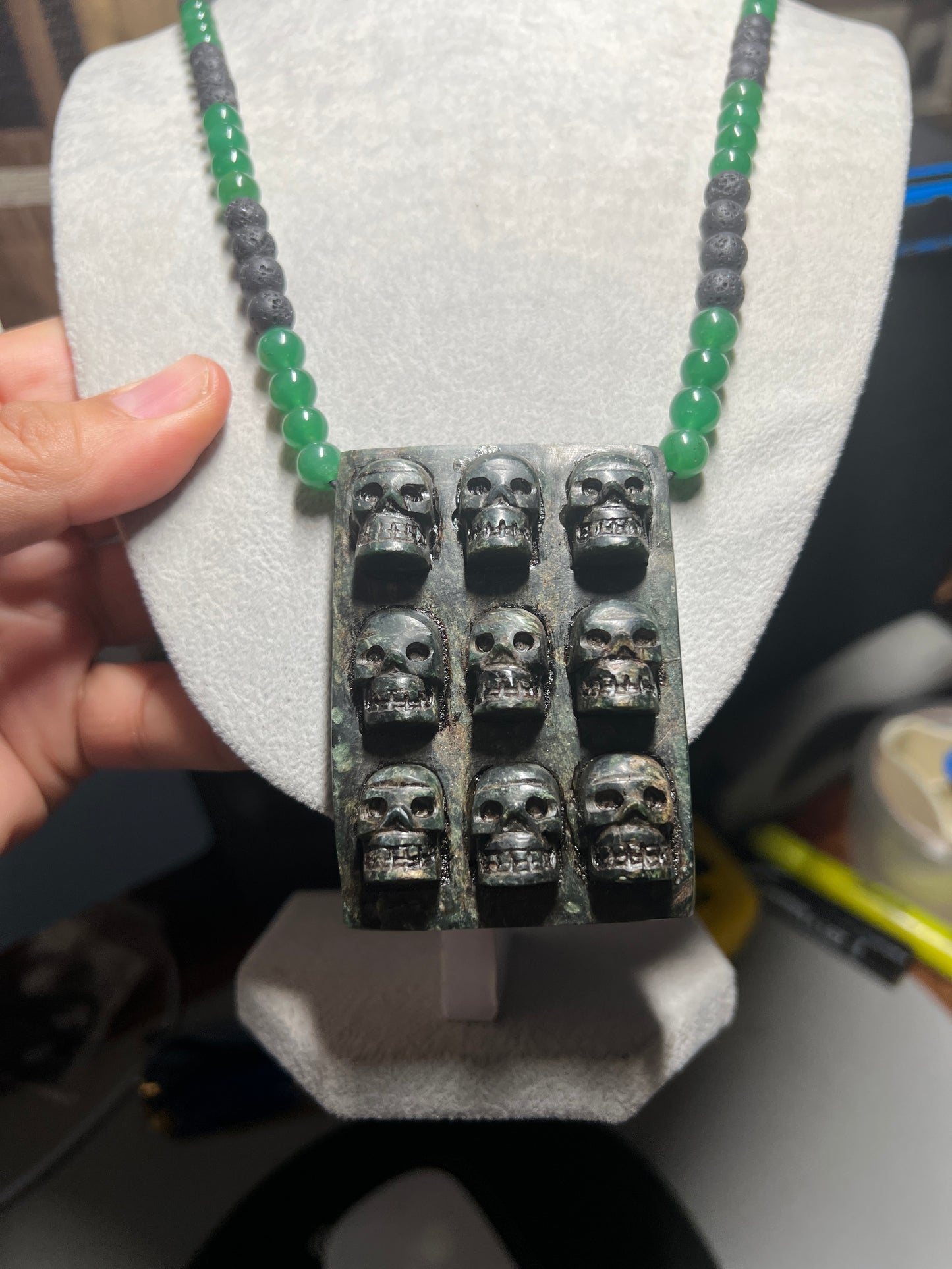 Aztec Jade Tzompantli Skull Rack Pendant, Jade and obsidian Beads, adjustable (#13)