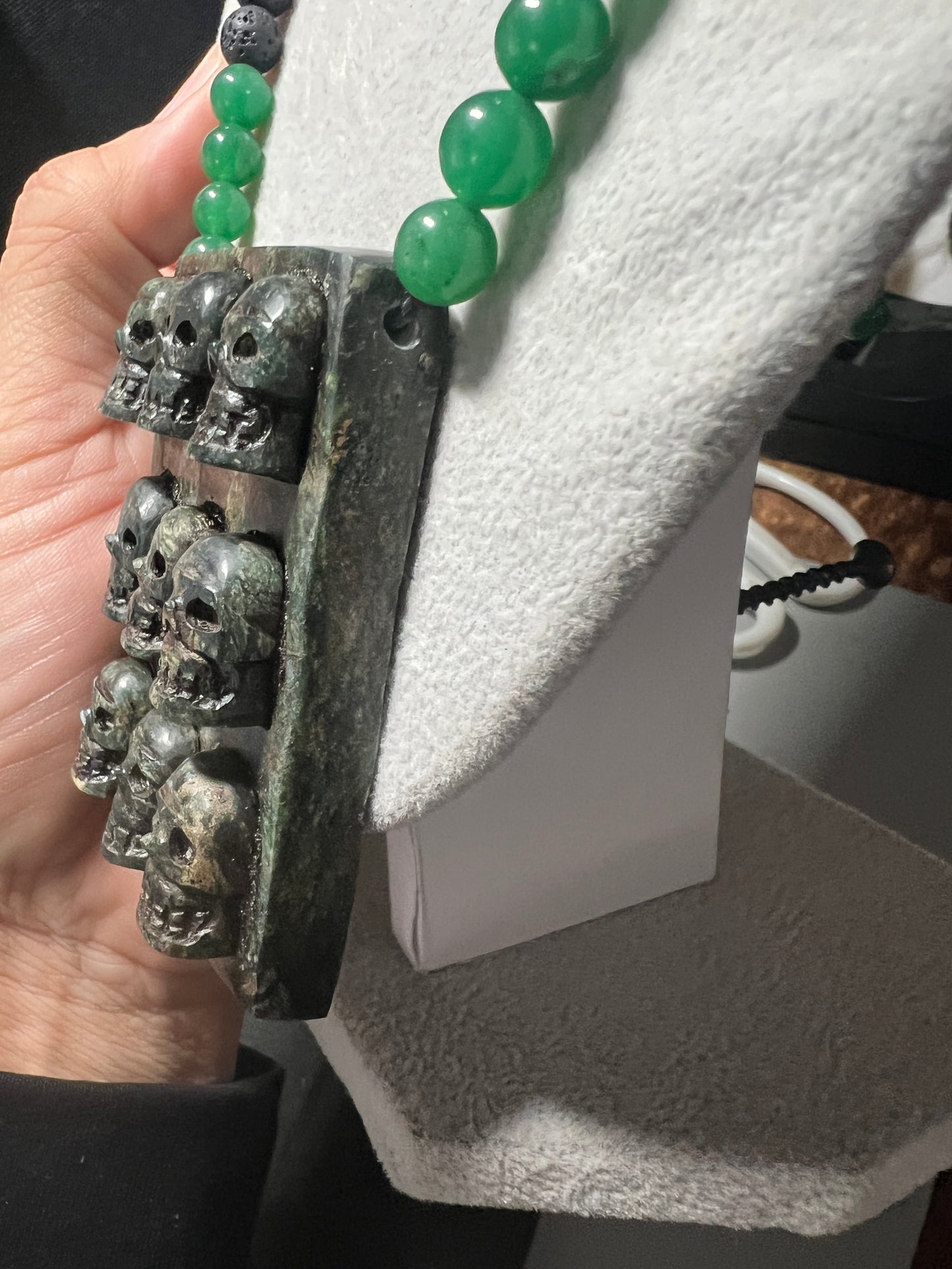 Aztec Jade Tzompantli Skull Rack Pendant, Jade and obsidian Beads, adjustable (#13)