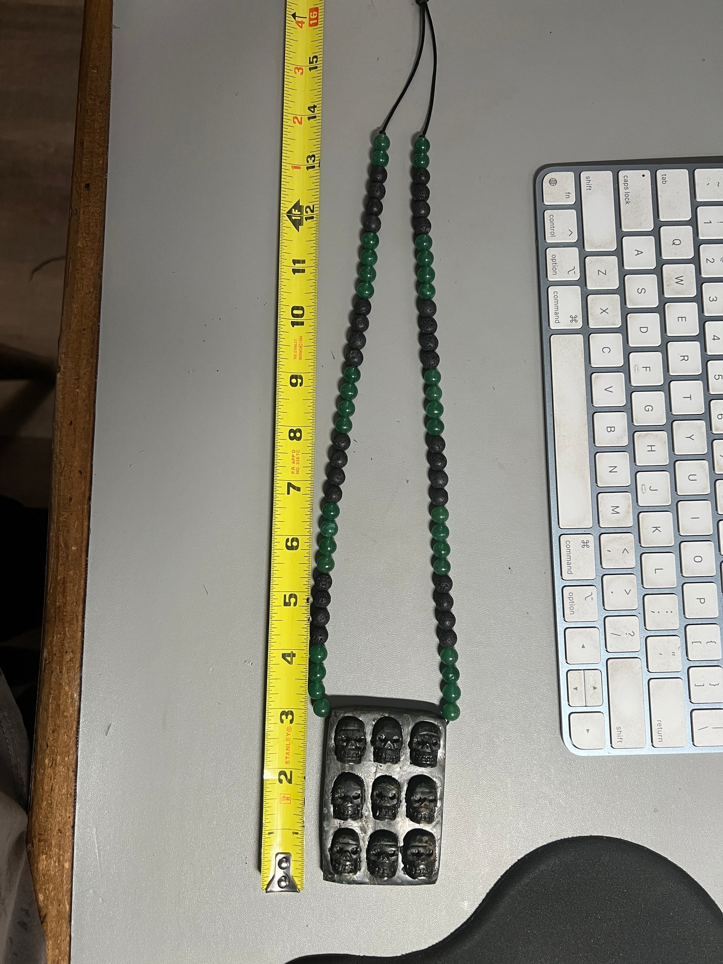 Aztec Jade Tzompantli Skull Rack Pendant, Jade and obsidian Beads, adjustable (#13)