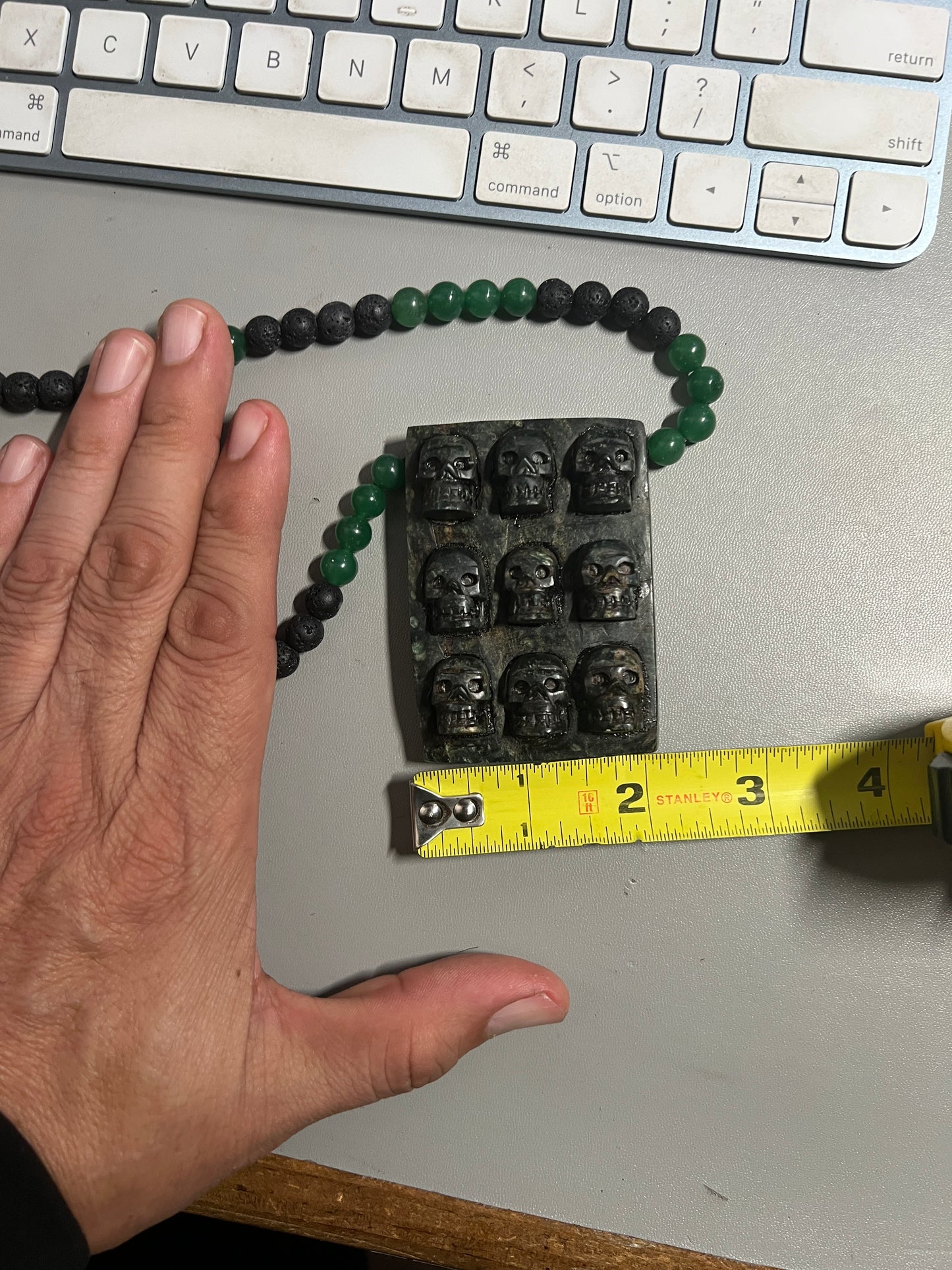 Aztec Jade Tzompantli Skull Rack Pendant, Jade and obsidian Beads, adjustable (#13)