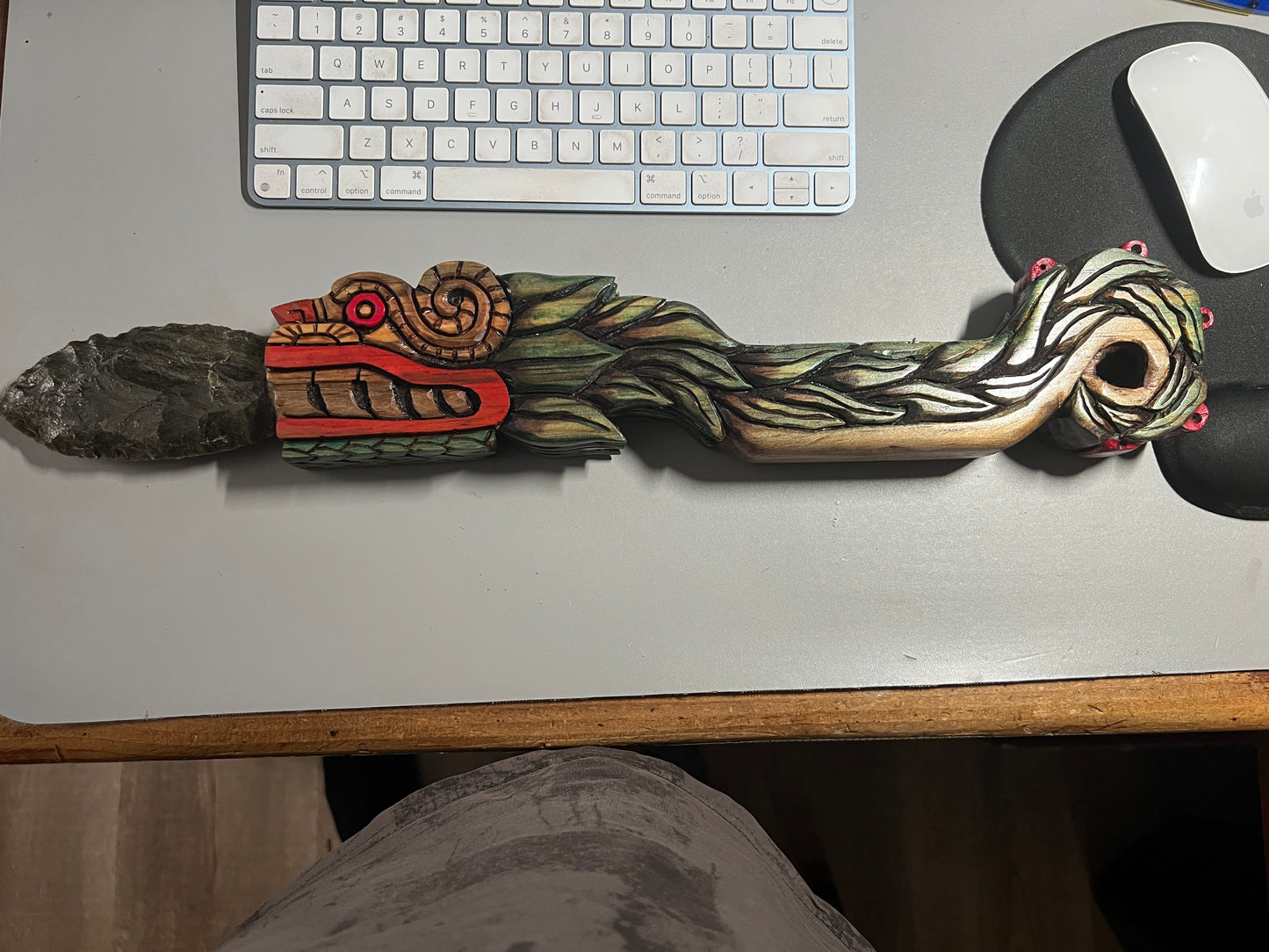 Quetzalcoatl Kukulkan Dagger, Deep Wood Carved, Painted, Azteca Obsidian Knife, Mexica Sacrificial Knives, Mayan Replica Artifacts, 21" long