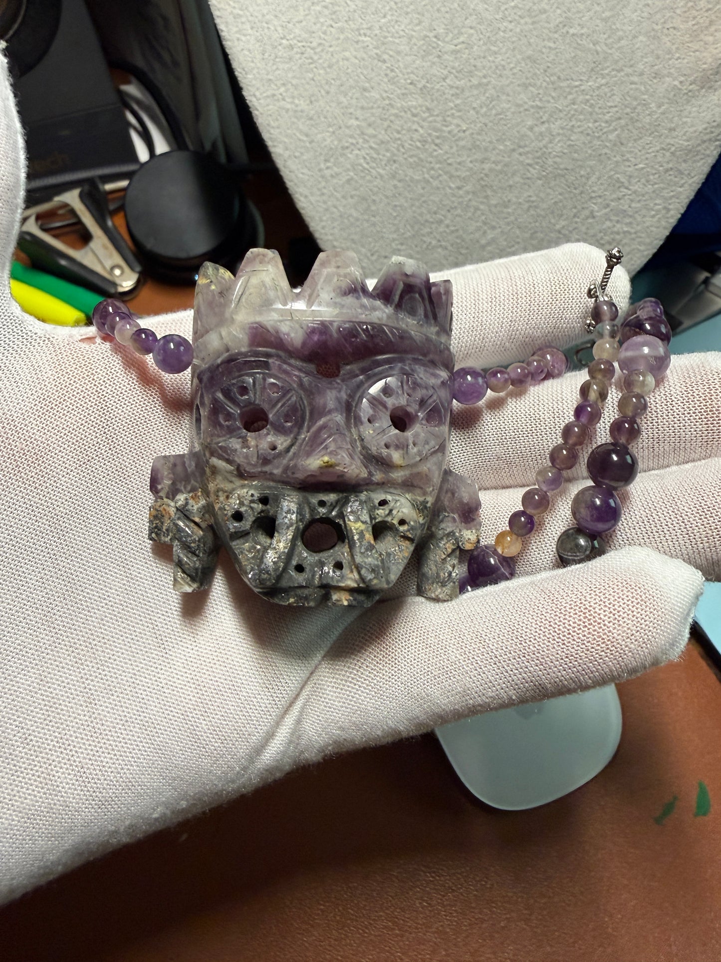 Rare Amethyst Tlaloc Pendant and Beaded Necklace Aztec Mexica Mexican Made #H