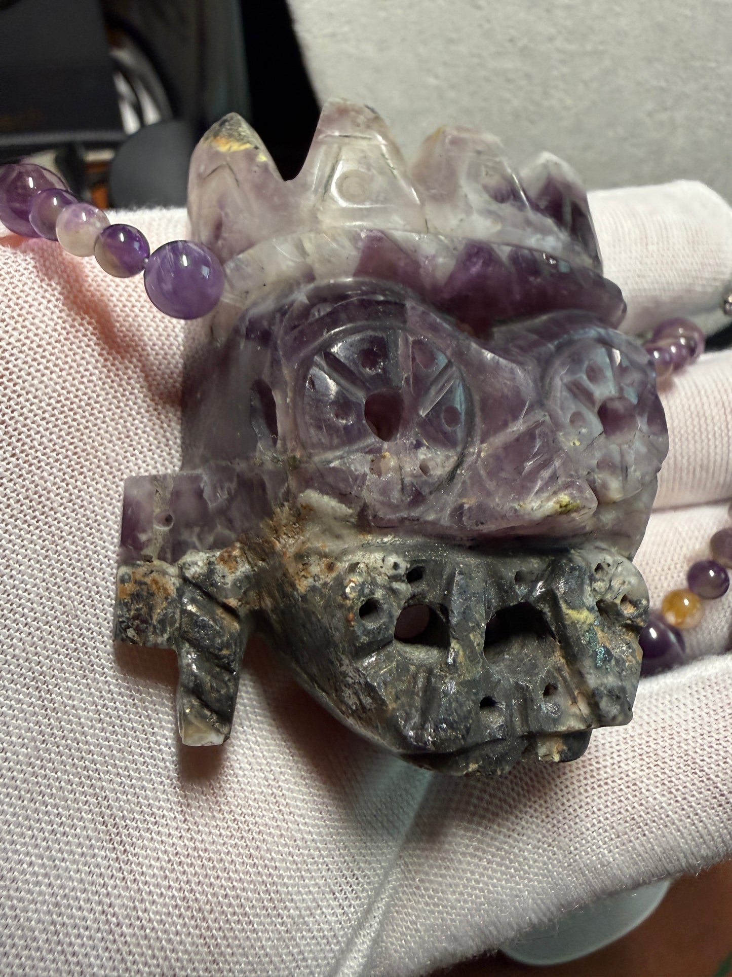 Rare Amethyst Tlaloc Pendant and Beaded Necklace Aztec Mexica Mexican Made #H