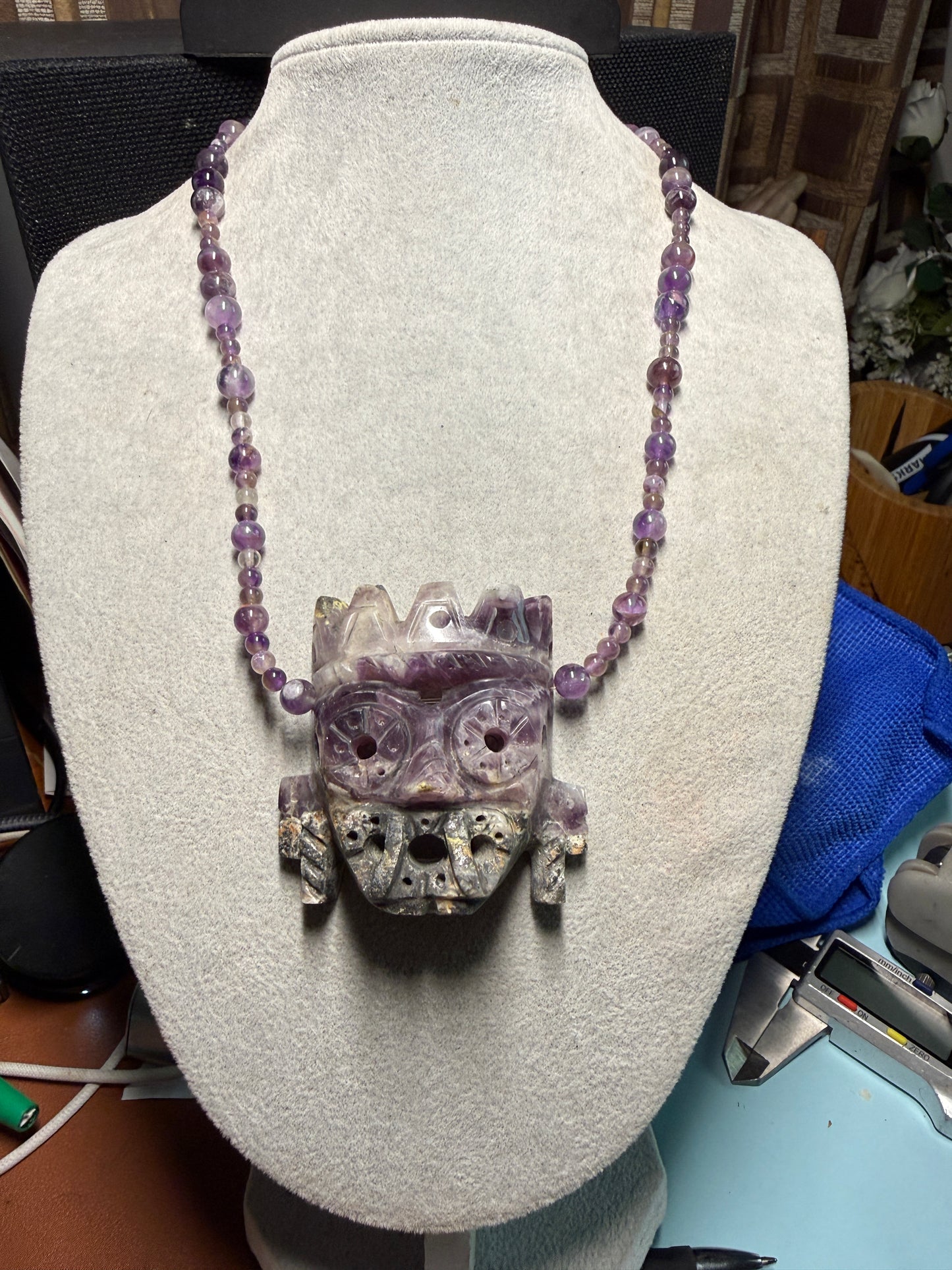 Rare Amethyst Tlaloc Pendant and Beaded Necklace Aztec Mexica Mexican Made #H