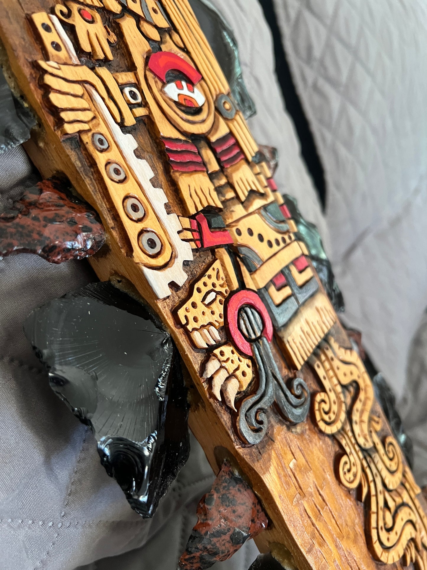 Tezcatlipoca Aztec Macuahuitl Wood Obsidian Carved from Mexico by Aztecs, Mexica, the Smoking Mirror, Jaguar Spots, Ancient Wall Art, Mexican