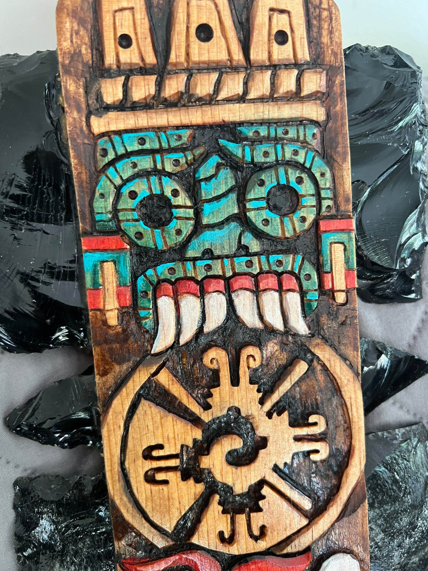 Aztec Macuahuitl Tlaloc Rain God, Harvest Corn, Wood Obsidian Hanging Art, Indigenous, Ancient Club, Sword from Mexico, Authentic, Mexican