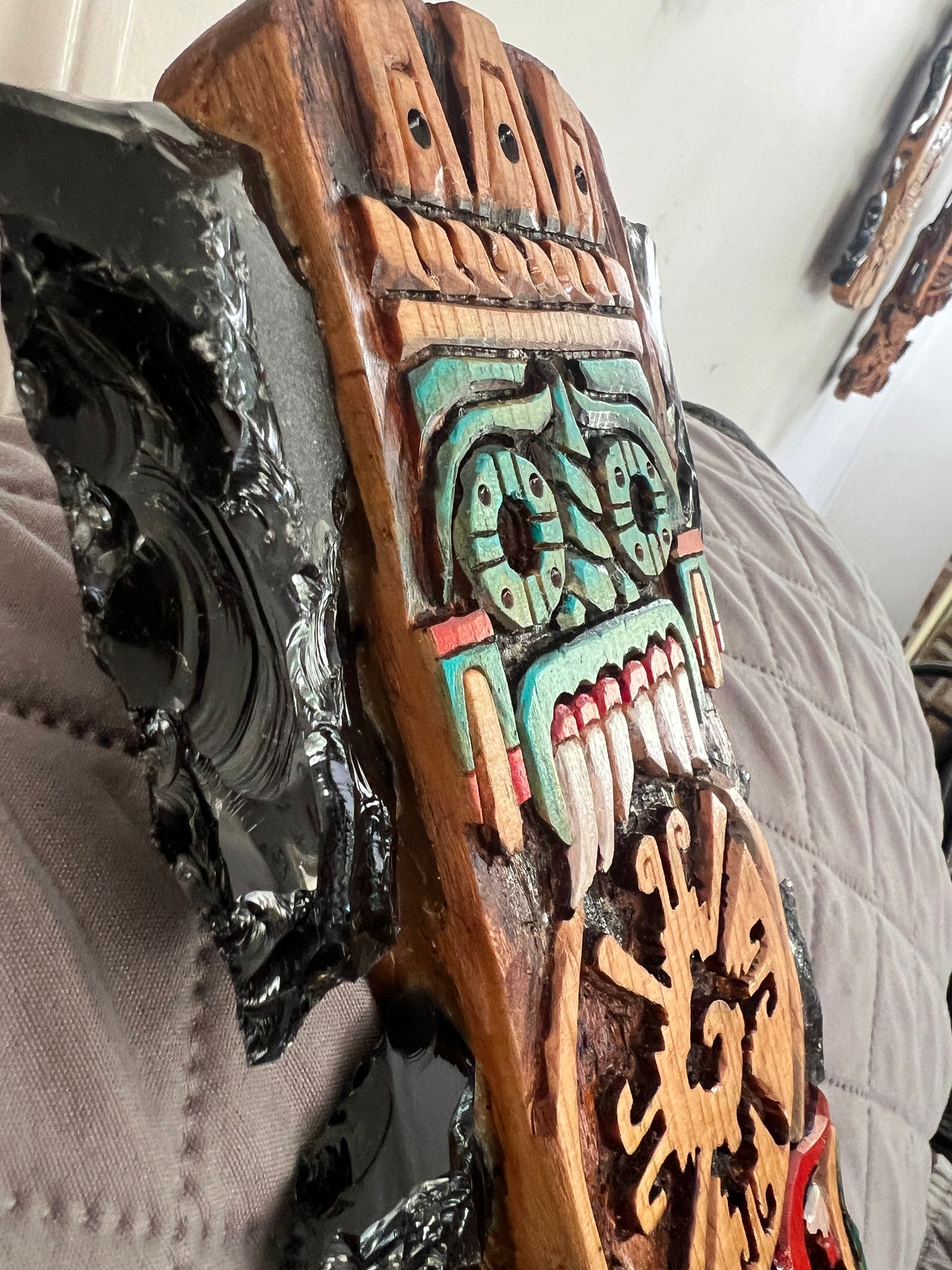 Aztec Macuahuitl Tlaloc Rain God, Harvest Corn, Wood Obsidian Hanging Art, Indigenous, Ancient Club, Sword from Mexico, Authentic, Mexican