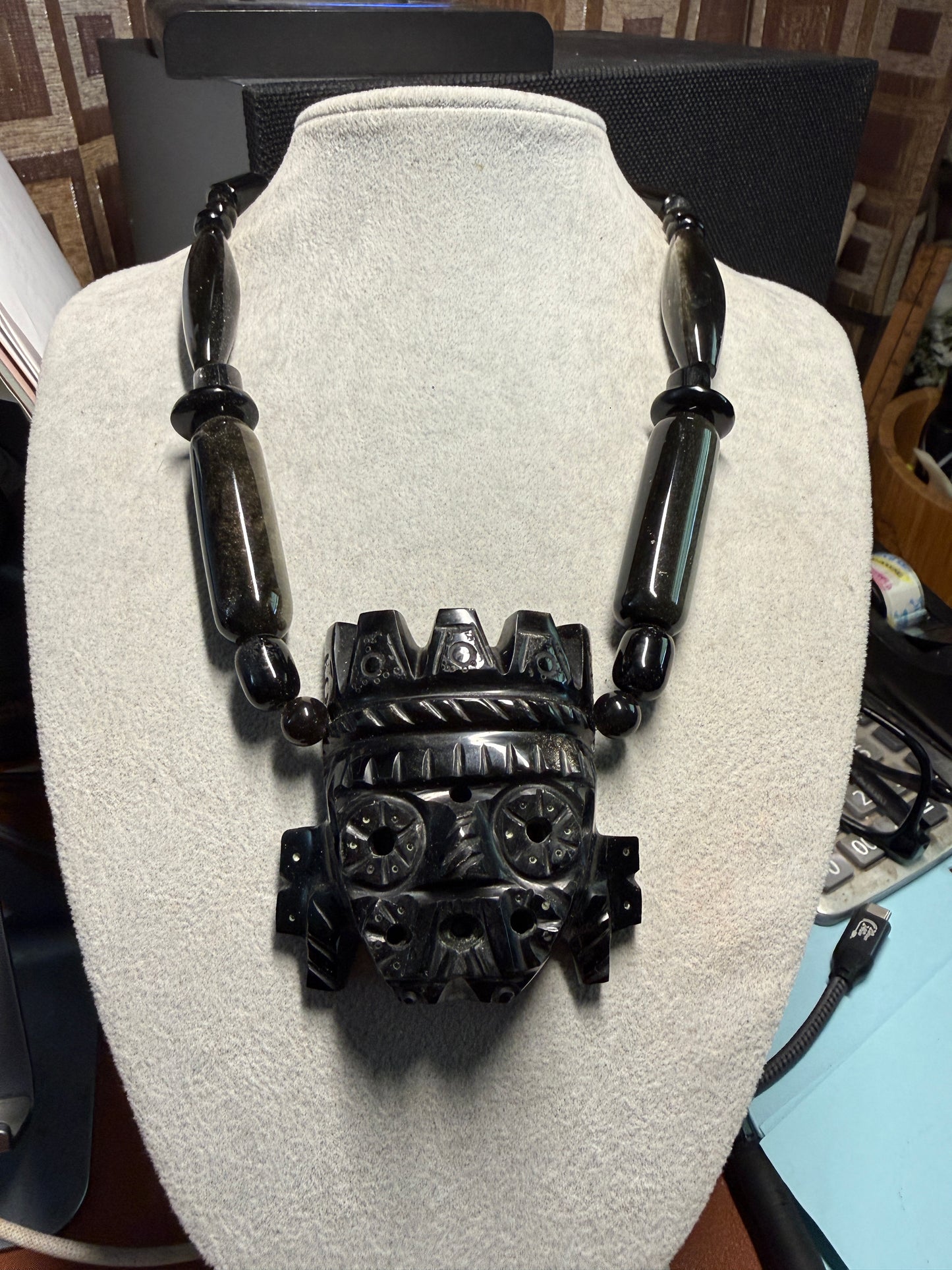 Obsidian Tlaloc Black Obsidian Beaded Necklace, Aztec, Indigenous, Mexico (#H)