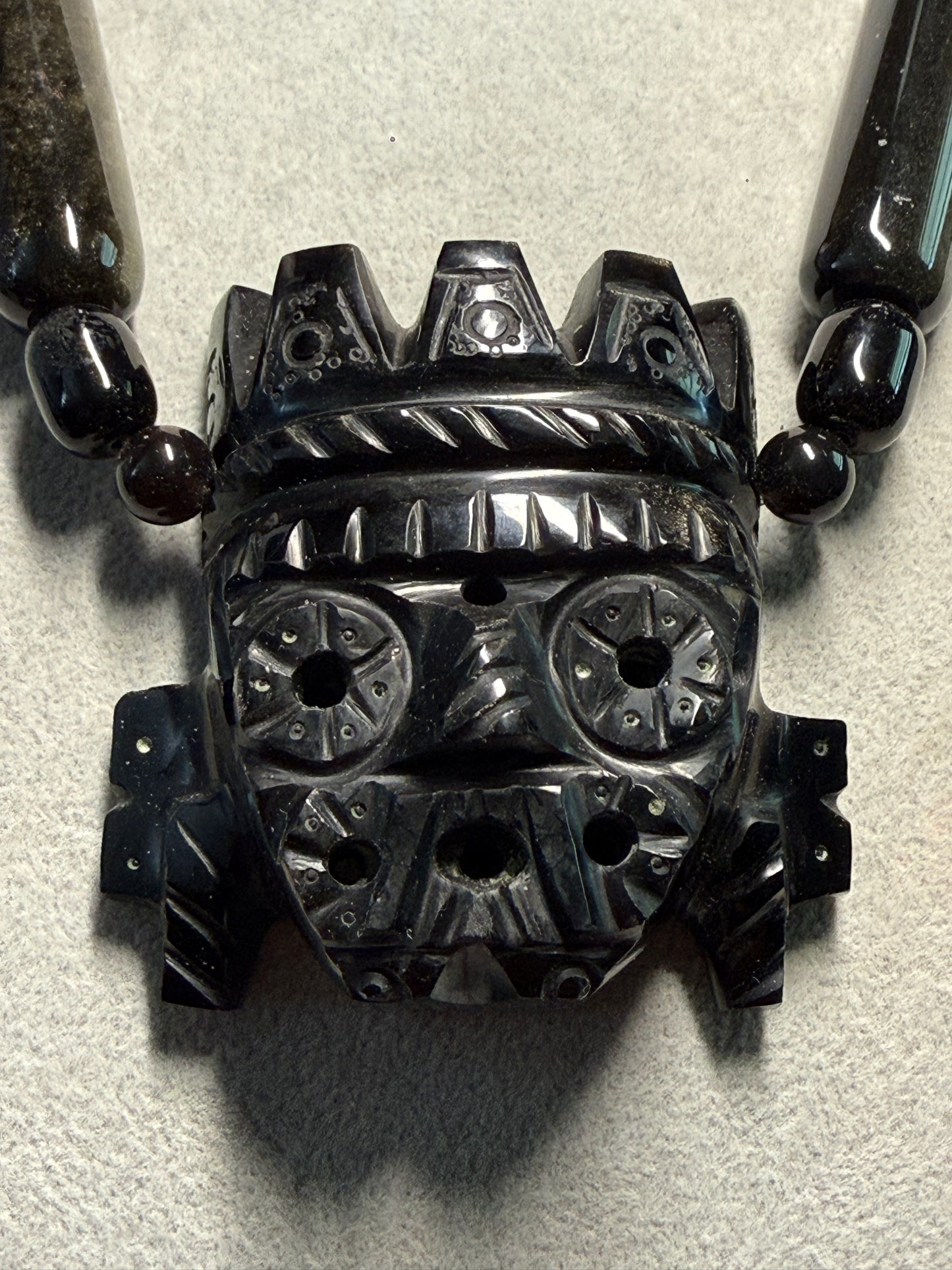 Obsidian Tlaloc Black Obsidian Beaded Necklace, Aztec, Indigenous, Mexico (#H)