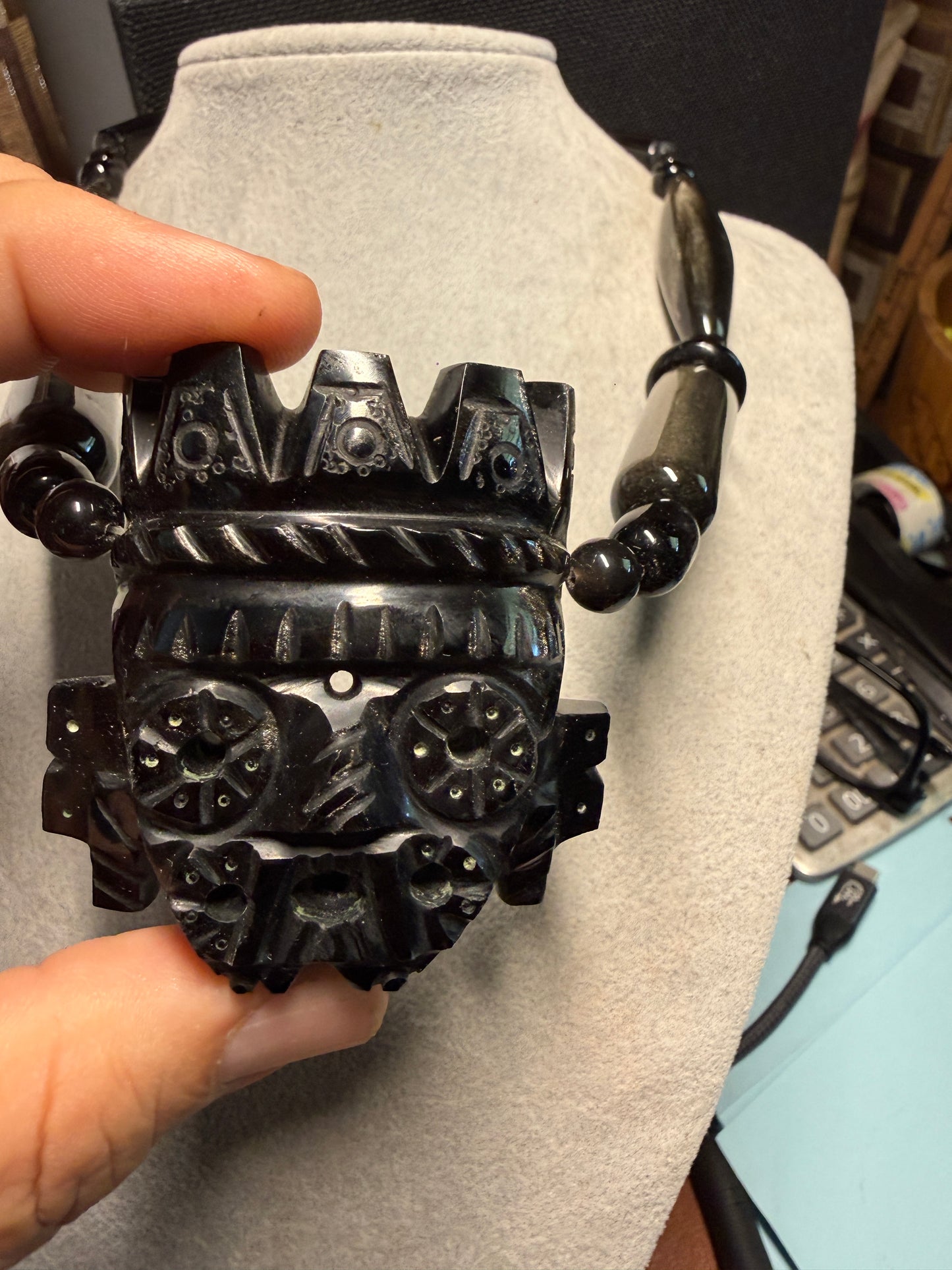 Obsidian Tlaloc Black Obsidian Beaded Necklace, Aztec, Indigenous, Mexico (#H)