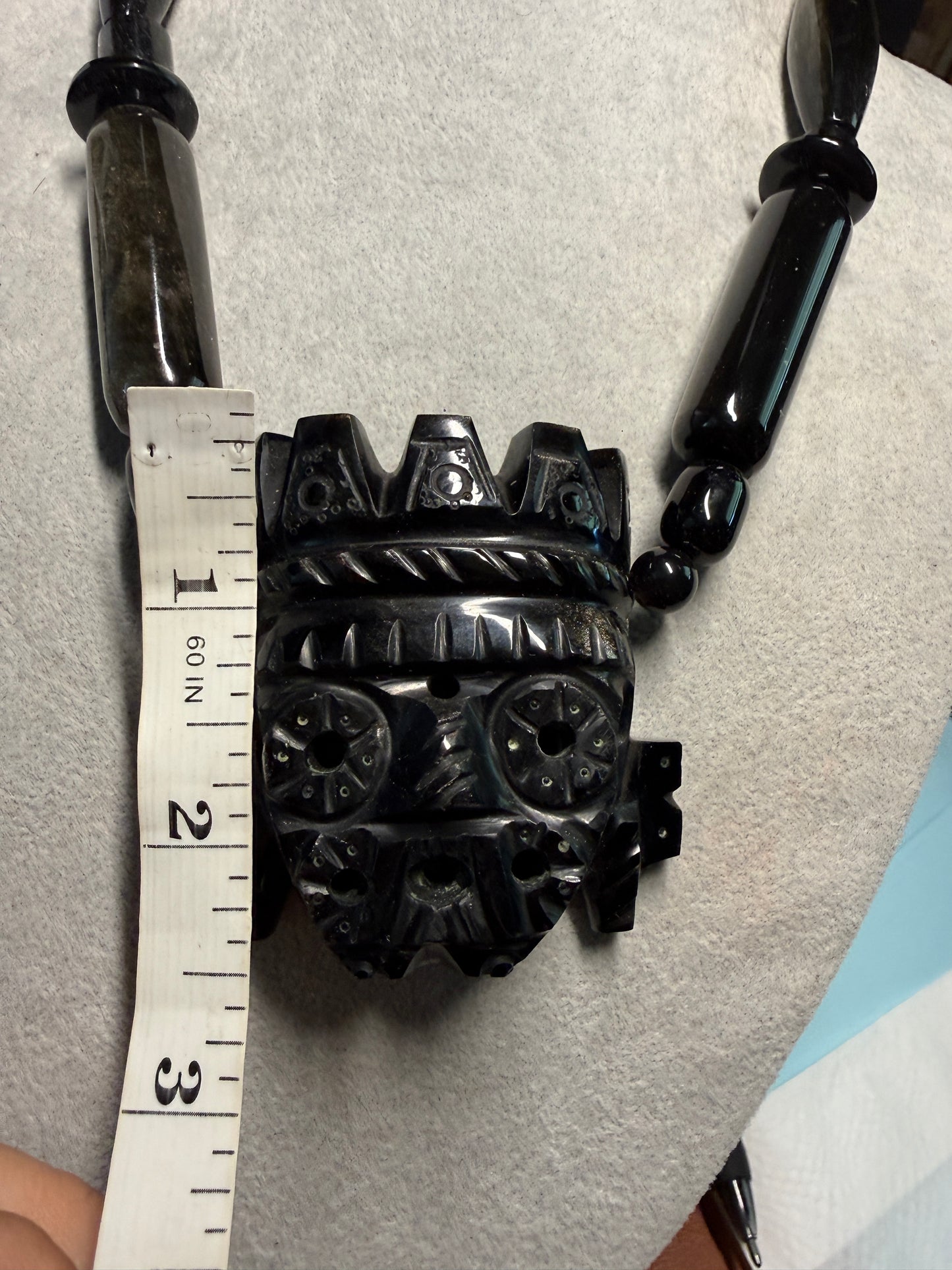 Obsidian Tlaloc Black Obsidian Beaded Necklace, Aztec, Indigenous, Mexico (#H)