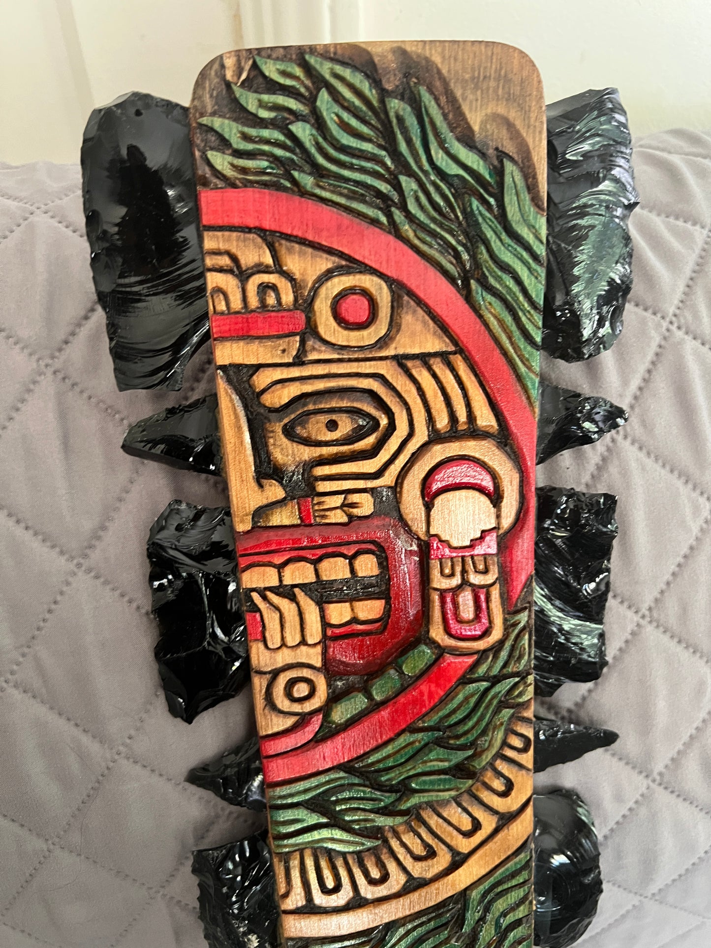 Macuahuitl Azteca Wall Art, feature Tonatiuh Aztec Sun God, Carved, Obsidian Blades, Hangable Art handmade