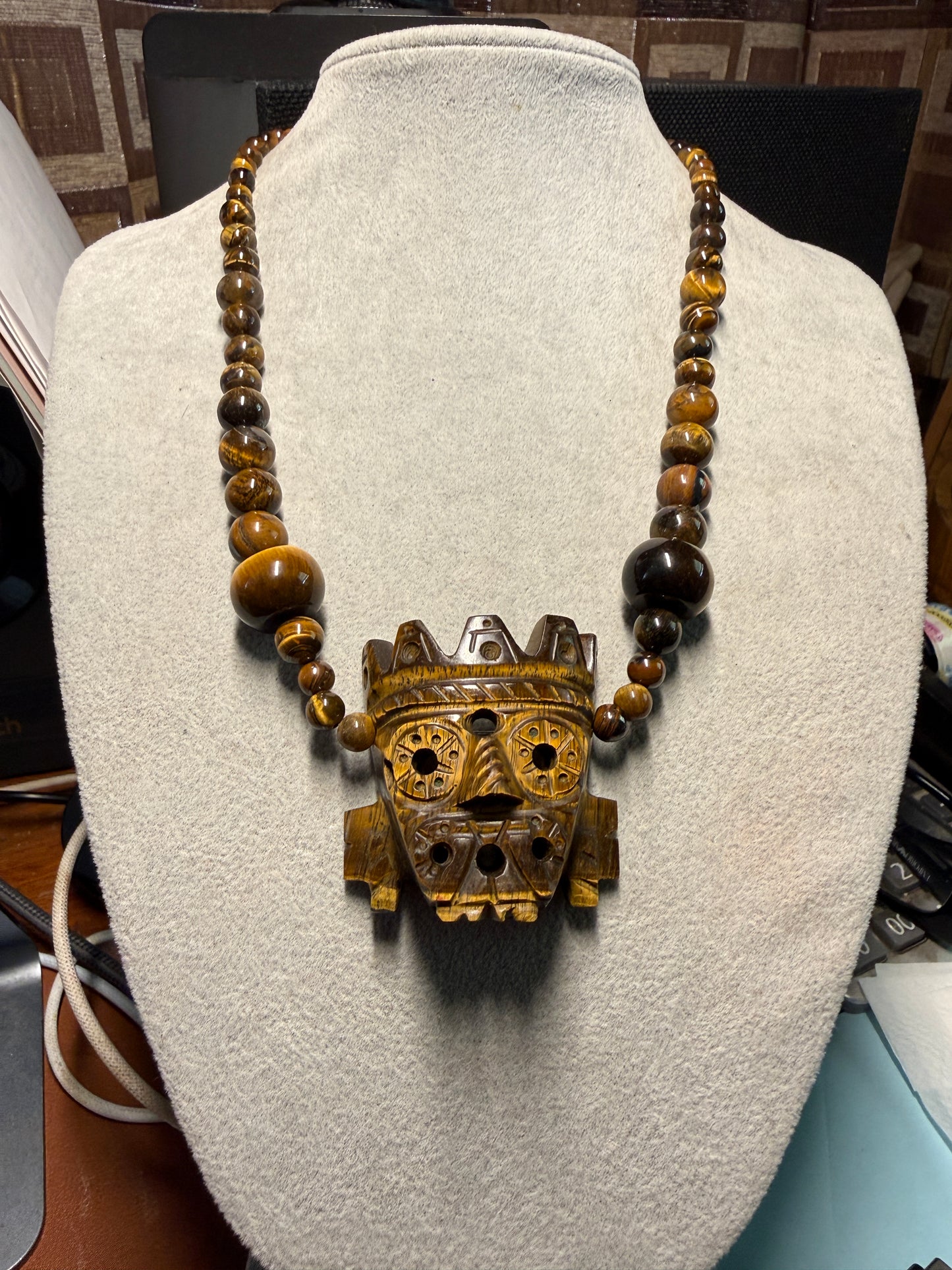 Golden Tlaloc Tiger Eye Stone Pendant Necklace, Gold Sheen Black Obsidian Beads, Indigenous Mexican Made #H