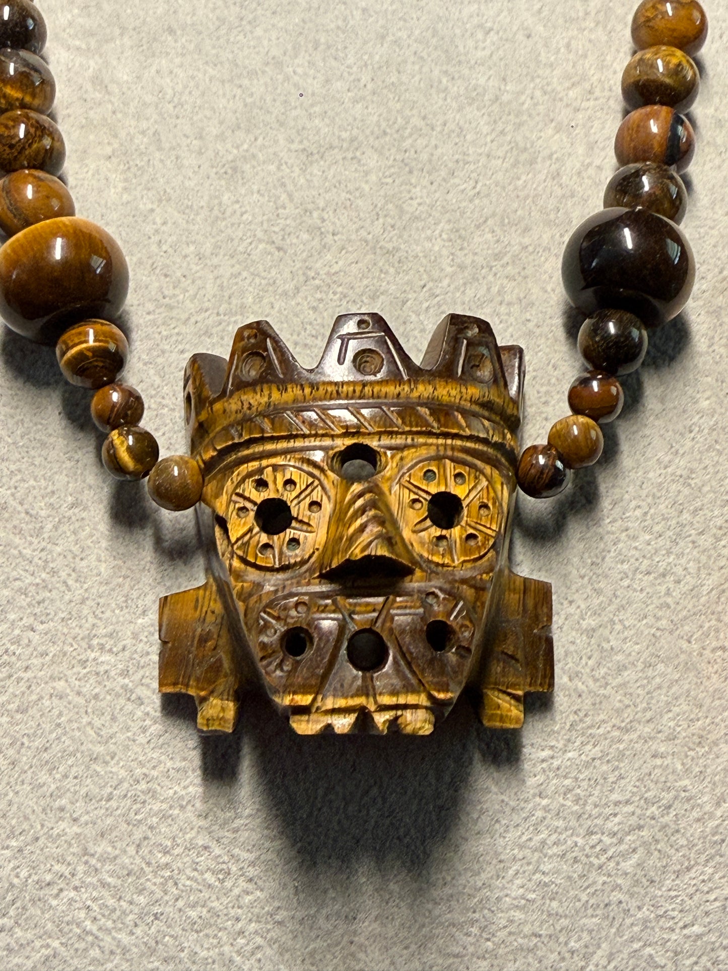Golden Tlaloc Tiger Eye Stone Pendant Necklace, Gold Sheen Black Obsidian Beads, Indigenous Mexican Made #H