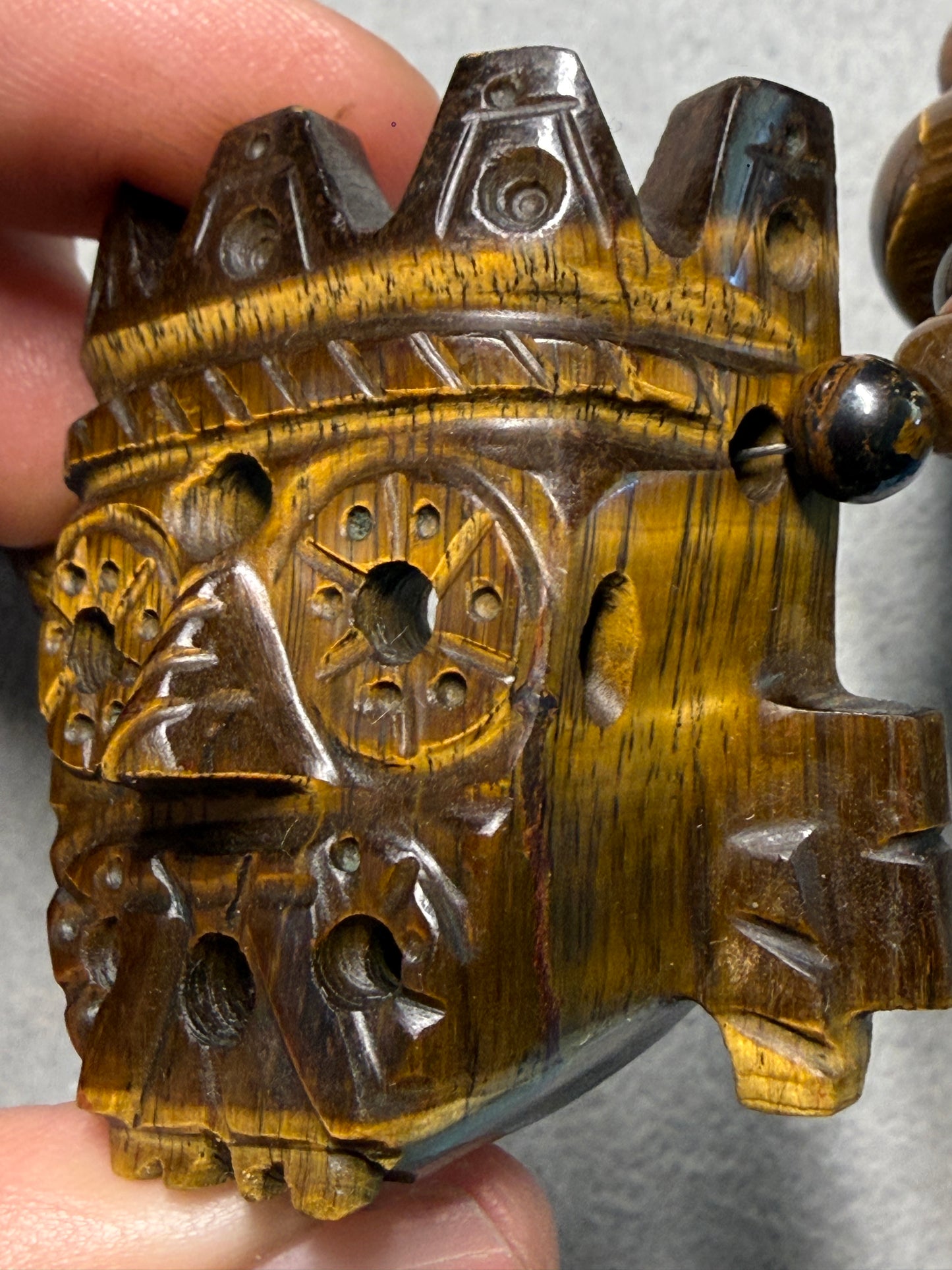 Golden Tlaloc Tiger Eye Stone Pendant Necklace, Gold Sheen Black Obsidian Beads, Indigenous Mexican Made #H