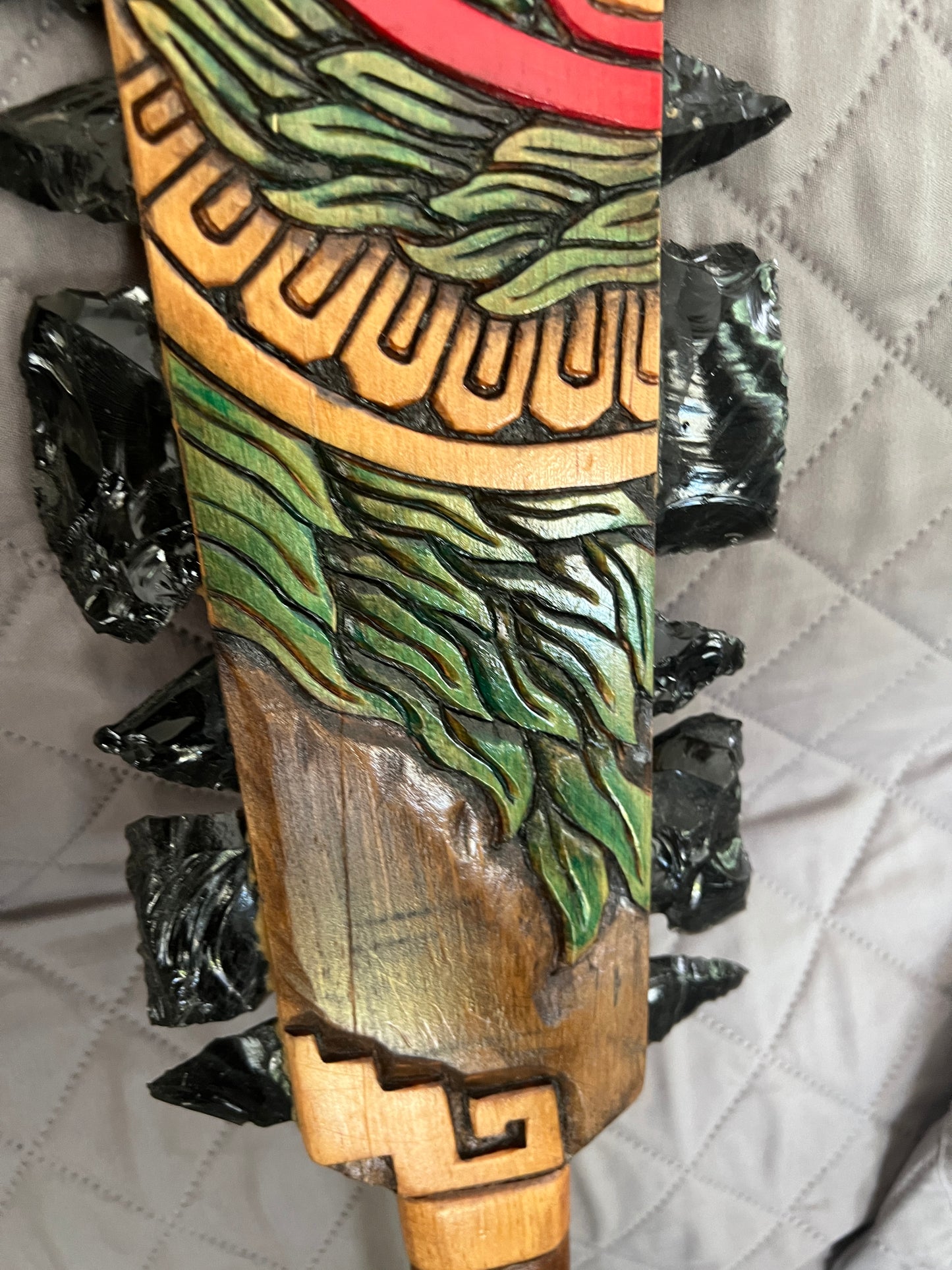 Macuahuitl Azteca Wall Art, feature Tonatiuh Aztec Sun God, Carved, Obsidian Blades, Hangable Art handmade