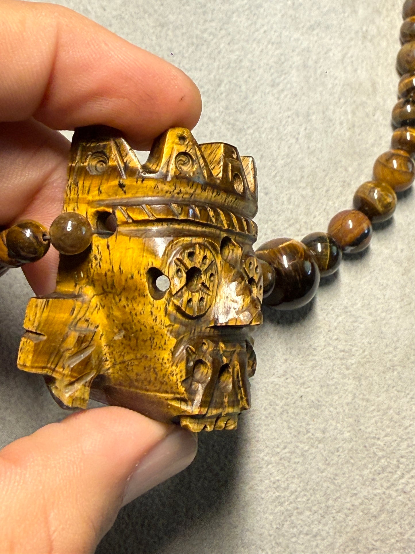 Golden Tlaloc Tiger Eye Stone Pendant Necklace, Gold Sheen Black Obsidian Beads, Indigenous Mexican Made #H