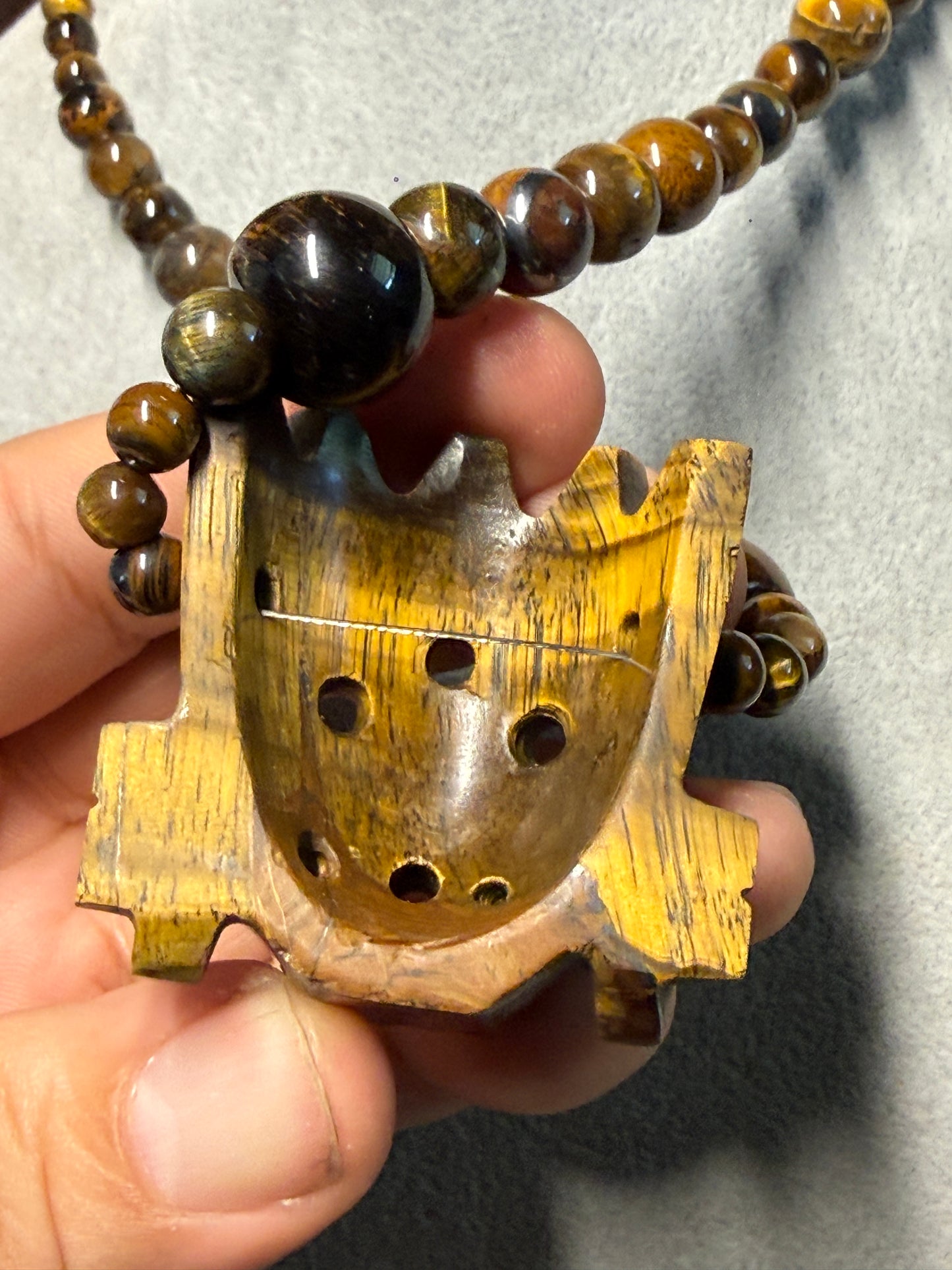 Golden Tlaloc Tiger Eye Stone Pendant Necklace, Gold Sheen Black Obsidian Beads, Indigenous Mexican Made #H