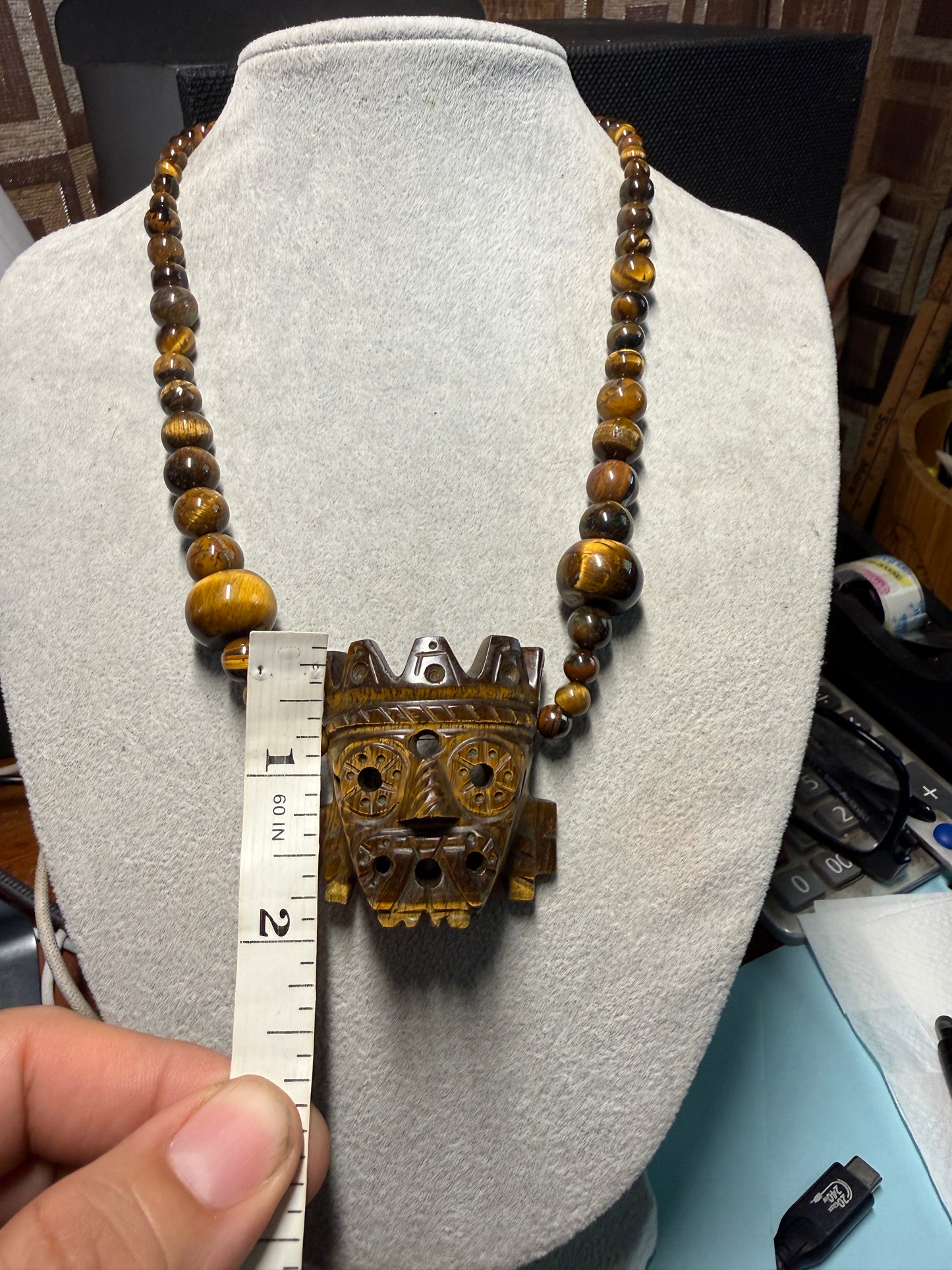 Golden Tlaloc Tiger Eye Stone Pendant Necklace, Gold Sheen Black Obsidian Beads, Indigenous Mexican Made #H