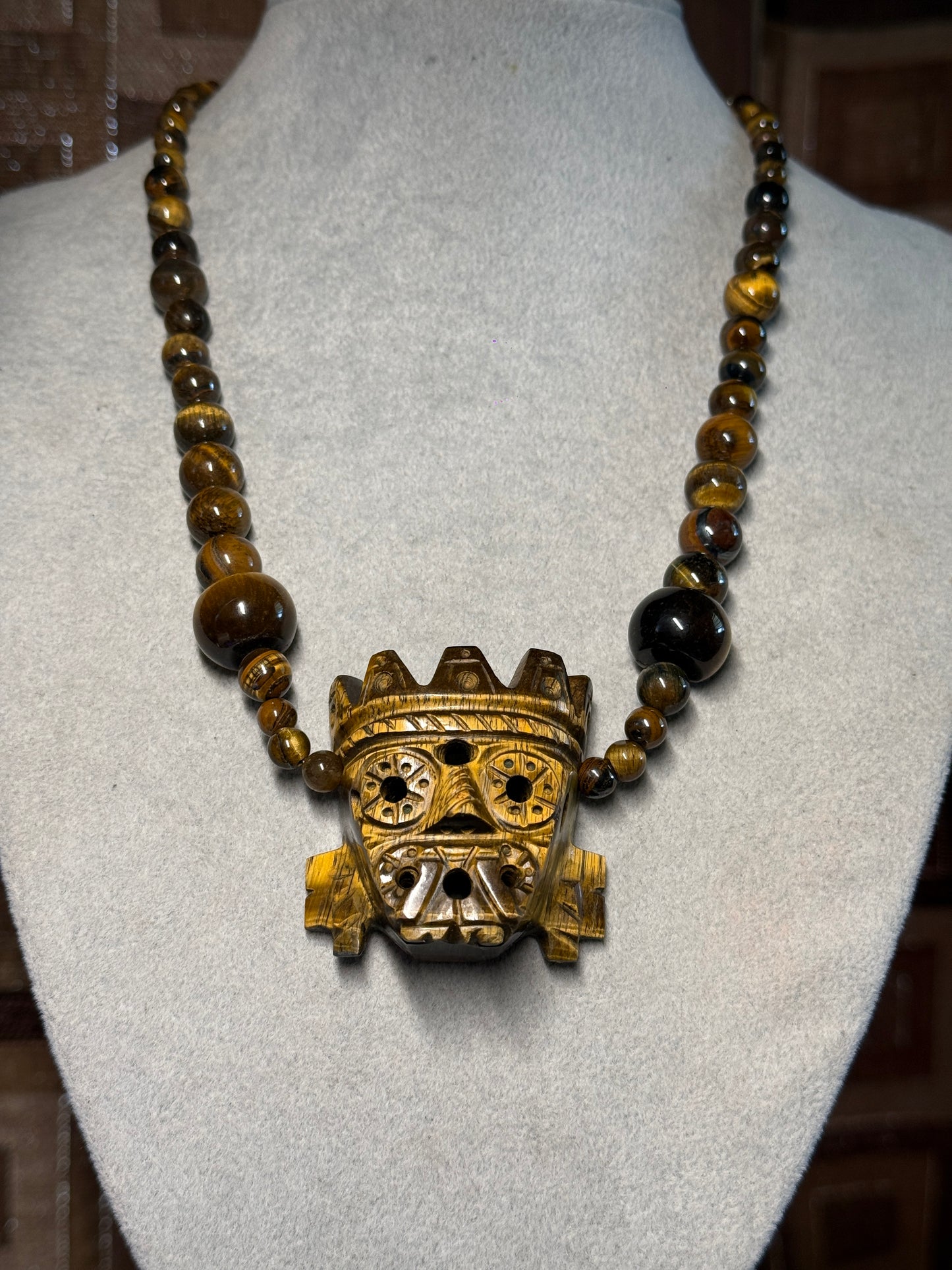 Golden Tlaloc Tiger Eye Stone Pendant Necklace, Gold Sheen Black Obsidian Beads, Indigenous Mexican Made #H