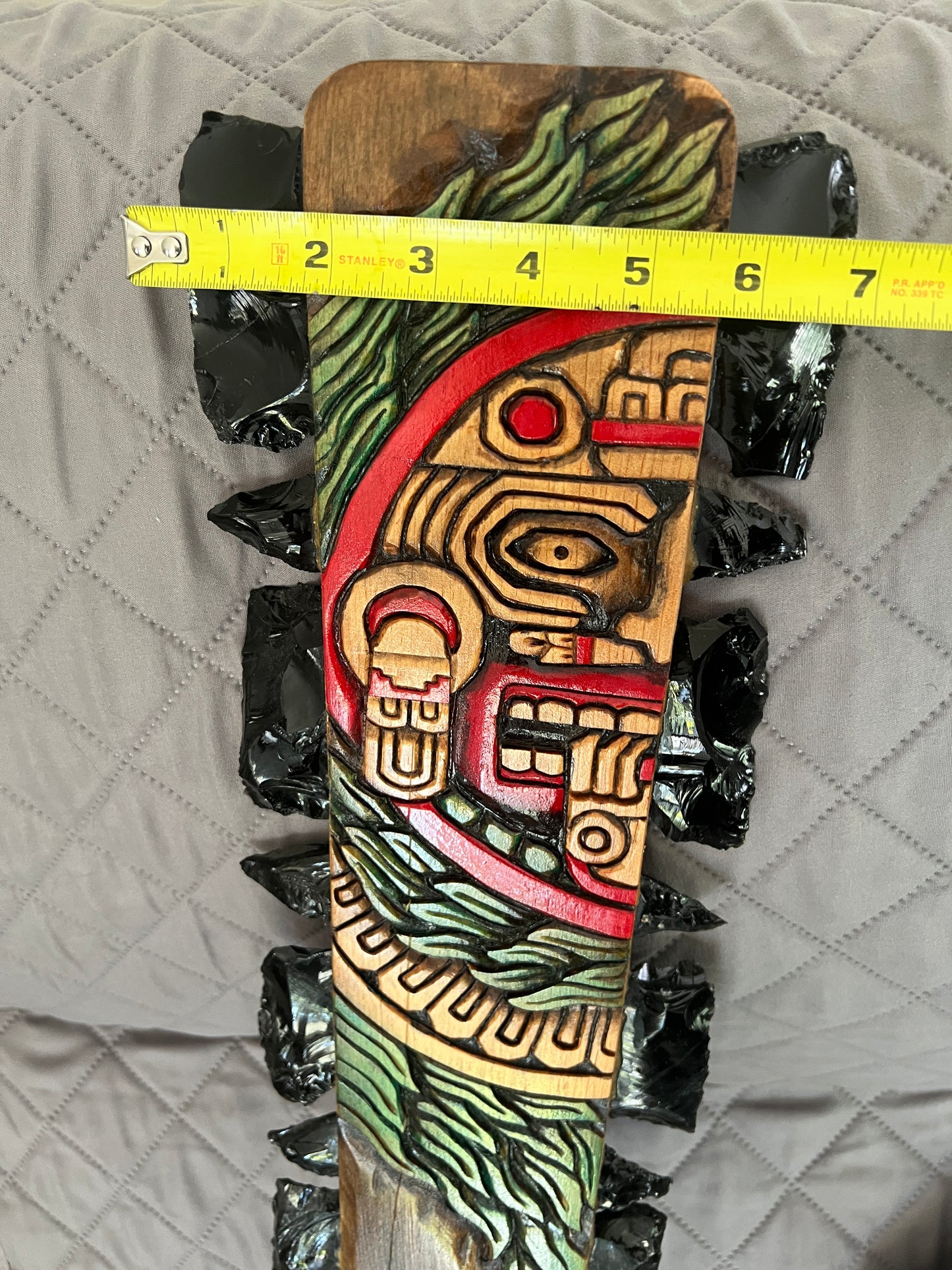 Macuahuitl Azteca Wall Art, feature Tonatiuh Aztec Sun God, Carved, Obsidian Blades, Hangable Art handmade