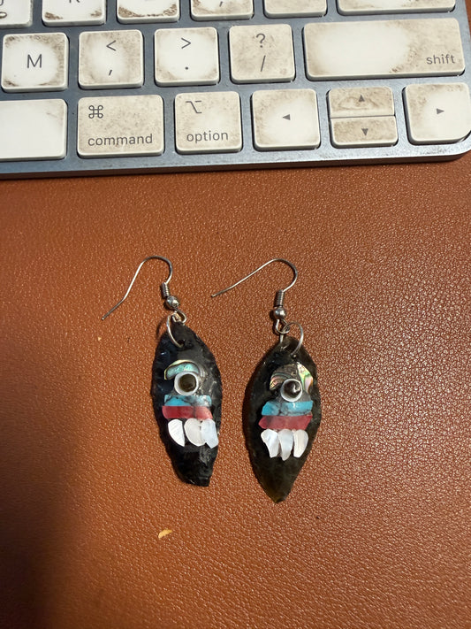 Aztec Obsidian Earrings Handmade Mexico, Tecpatl or Flint Symbol Mexica (L1b)
