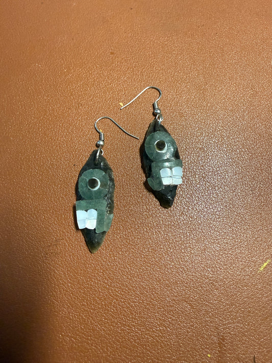 Aztec Obsidian Earrings Handmade Mexico, Tecpatl or Flint Symbol Mexica (L1b)