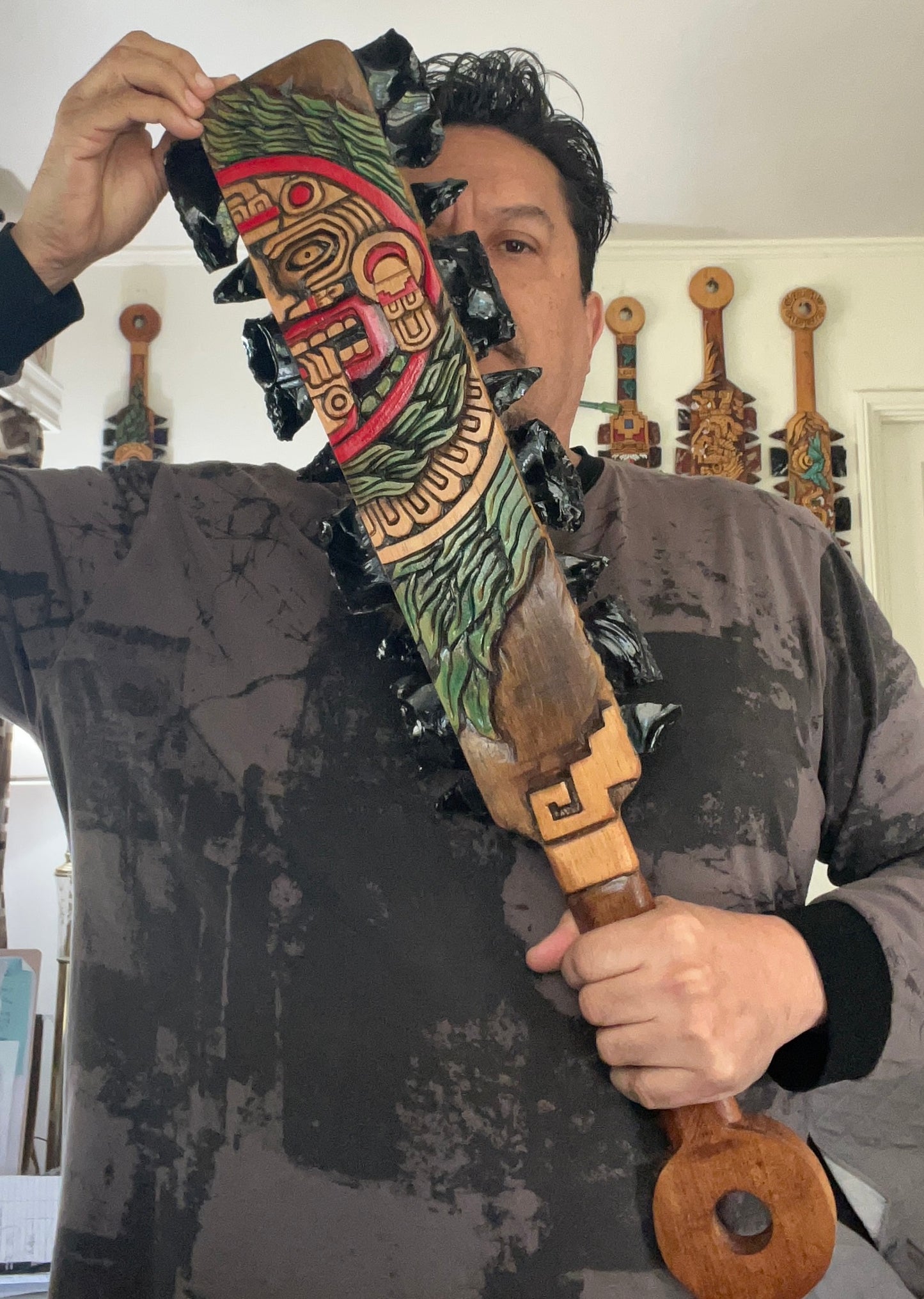 Macuahuitl Azteca Wall Art, feature Tonatiuh Aztec Sun God, Carved, Obsidian Blades, Hangable Art handmade