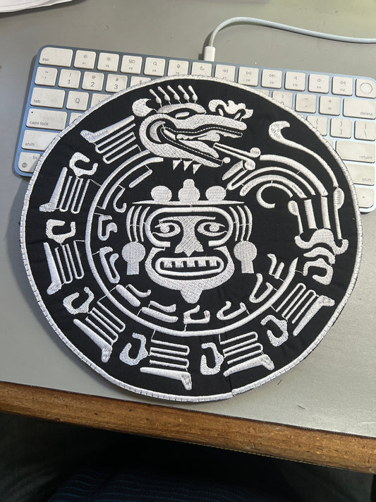 Large Tonatiuh Quetzalcoatl Patch, 9 3/4", Black White Aztec Calendar, Mexica, Patches #28