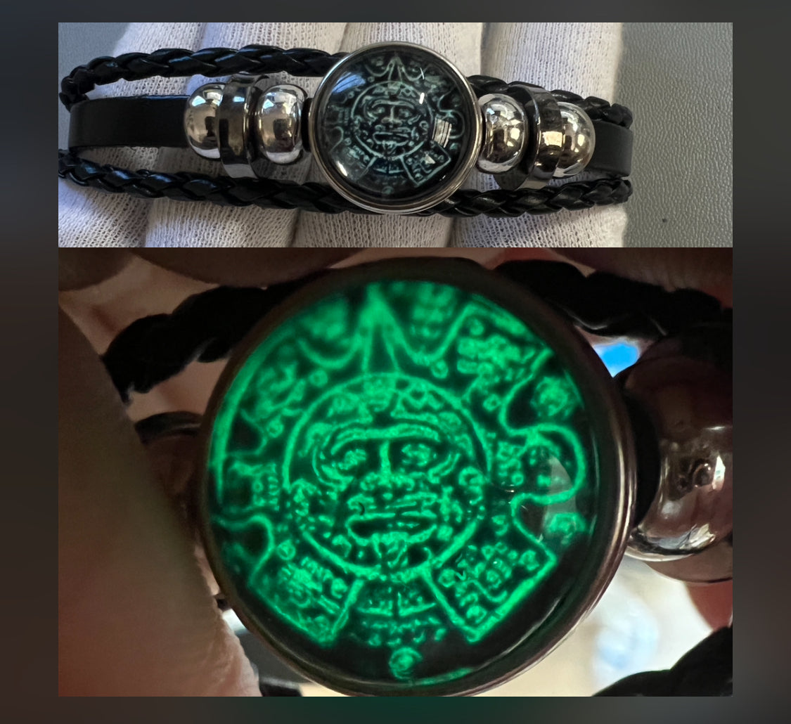 Aztec Calendar Bracelet, Glow In Dark, braided leather, silver tone adornments, adjustable, handmade from Mexico (#4)