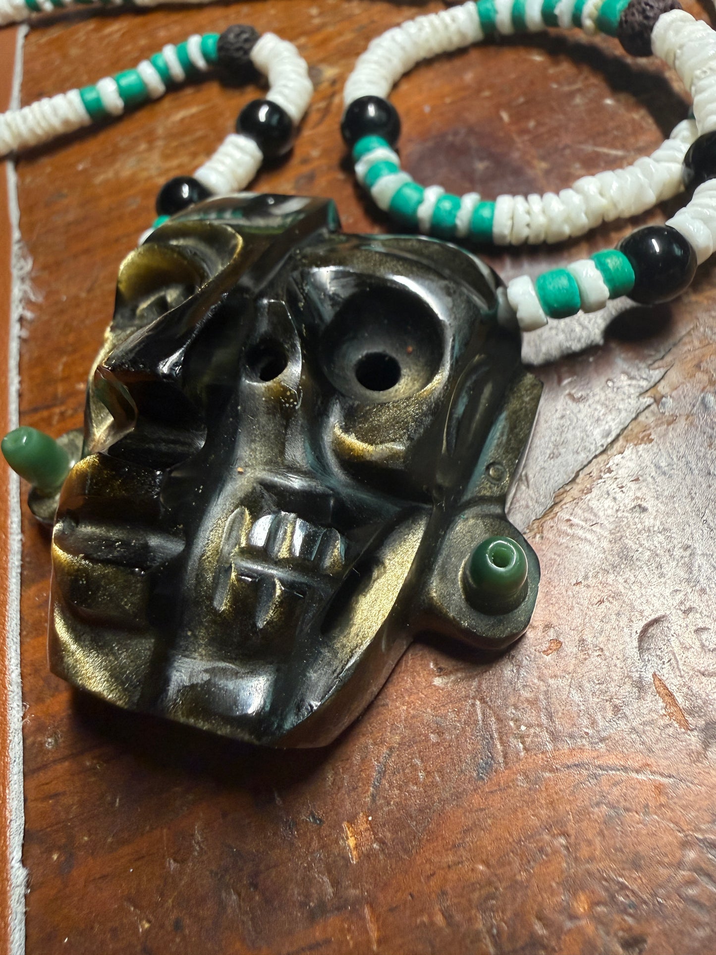 Aztec Duality Life & Death Mask Golden Obsidian Pendant and Necklace, Ancient Mexico #38