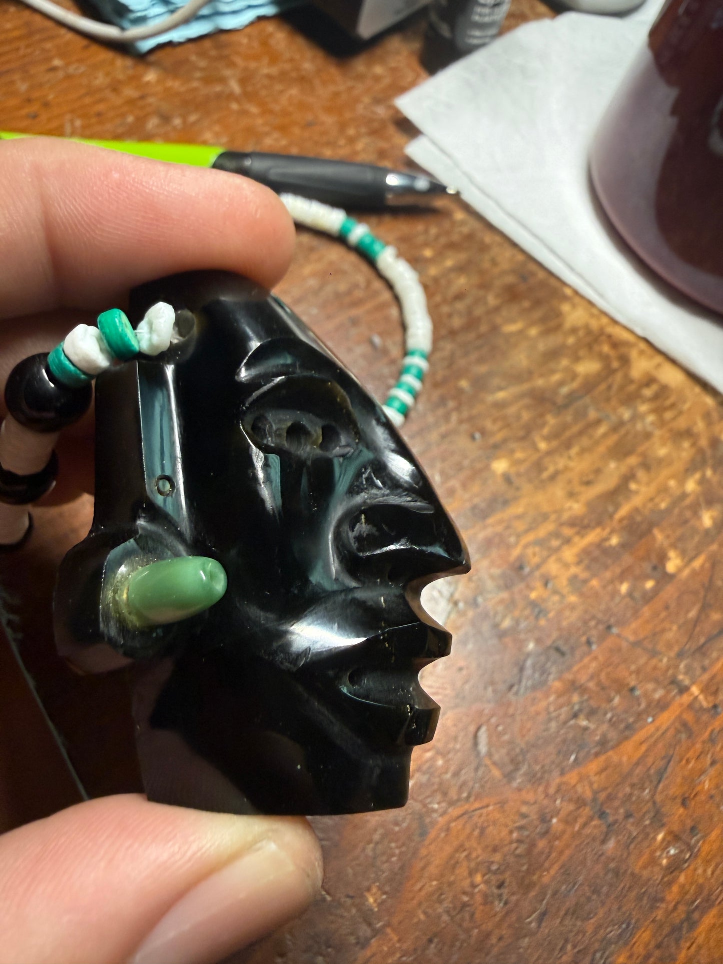 Aztec Duality Life & Death Mask Golden Obsidian Pendant and Necklace, Ancient Mexico #38
