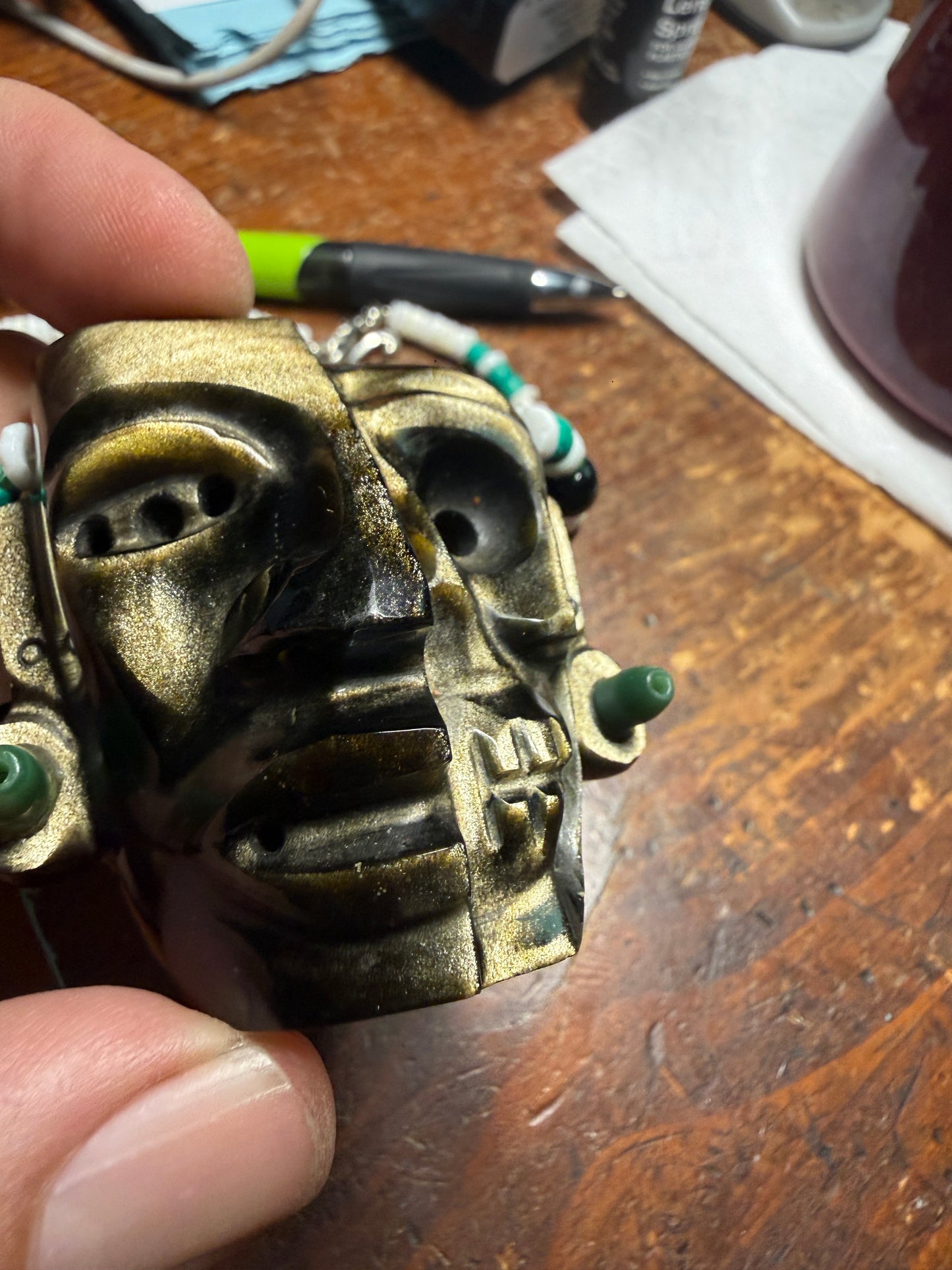 Aztec Duality Life & Death Mask Golden Obsidian Pendant and Necklace, Ancient Mexico #38