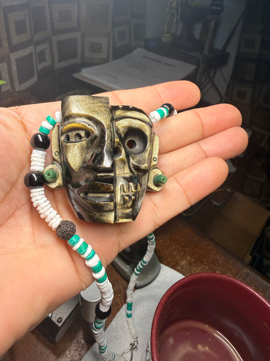 Aztec Duality Life & Death Mask Golden Obsidian Pendant and Necklace, Ancient Mexico #38