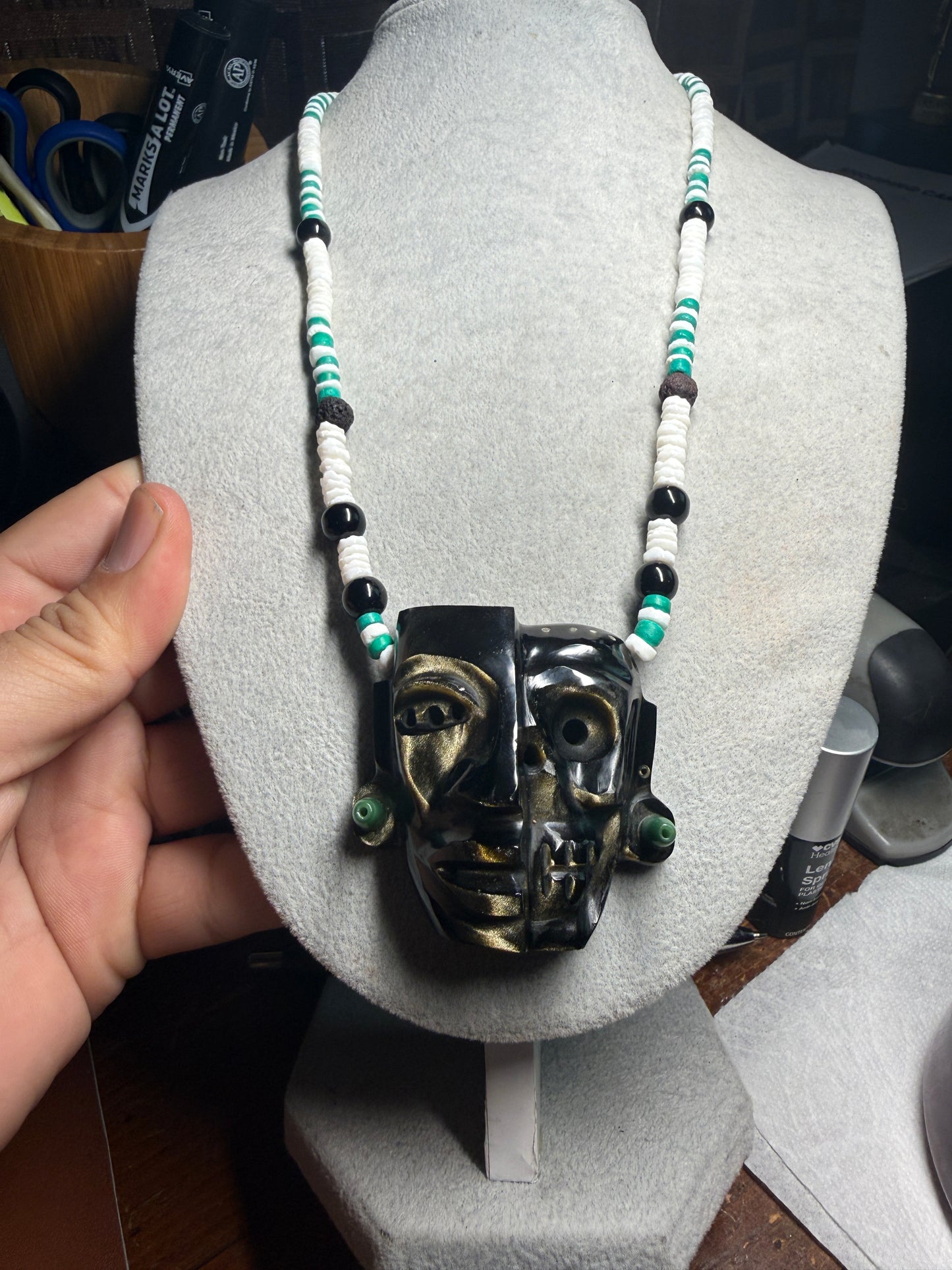 Aztec Duality Life & Death Mask Golden Obsidian Pendant and Necklace, Ancient Mexico #38