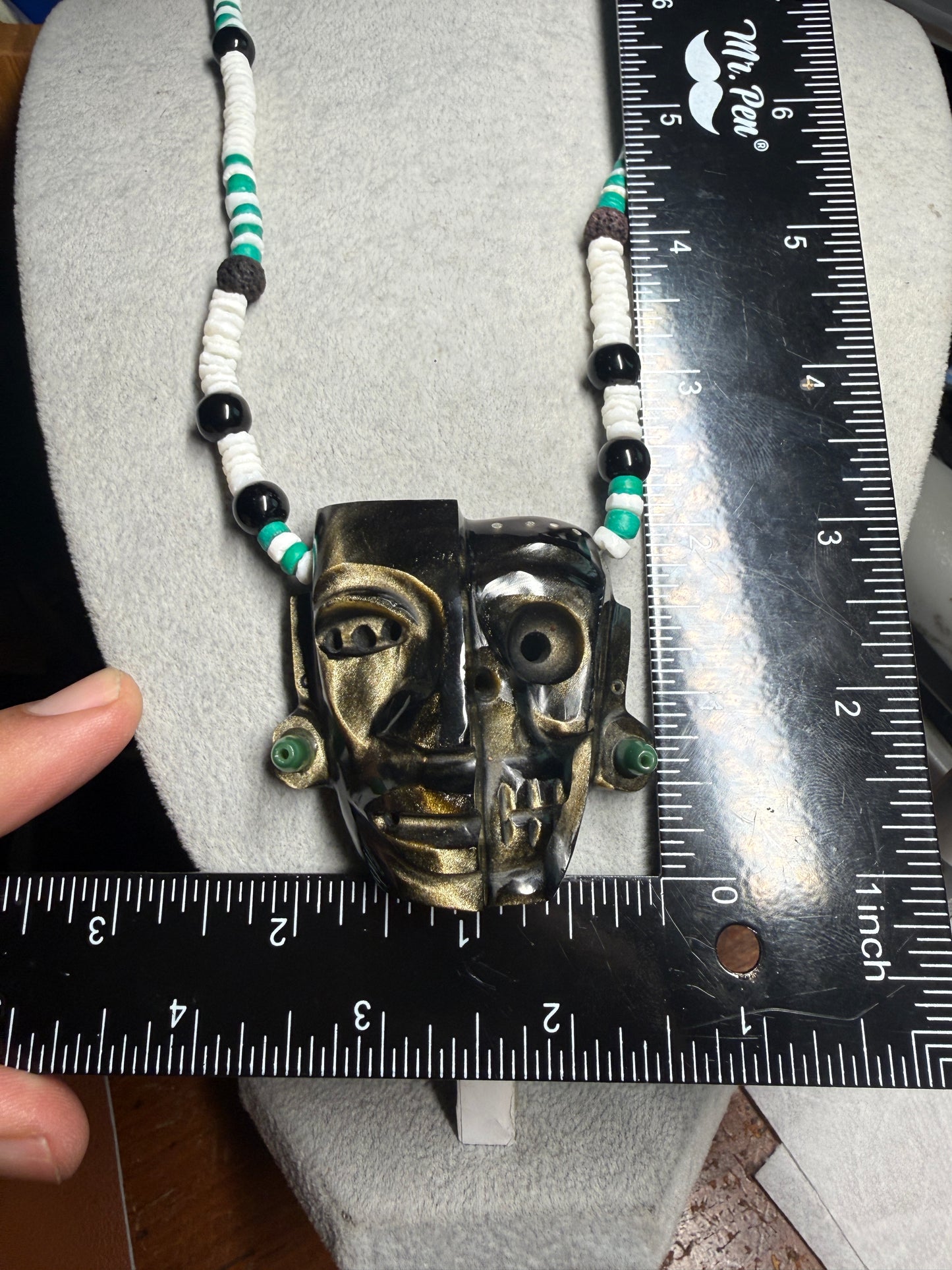 Aztec Duality Life & Death Mask Golden Obsidian Pendant and Necklace, Ancient Mexico #38