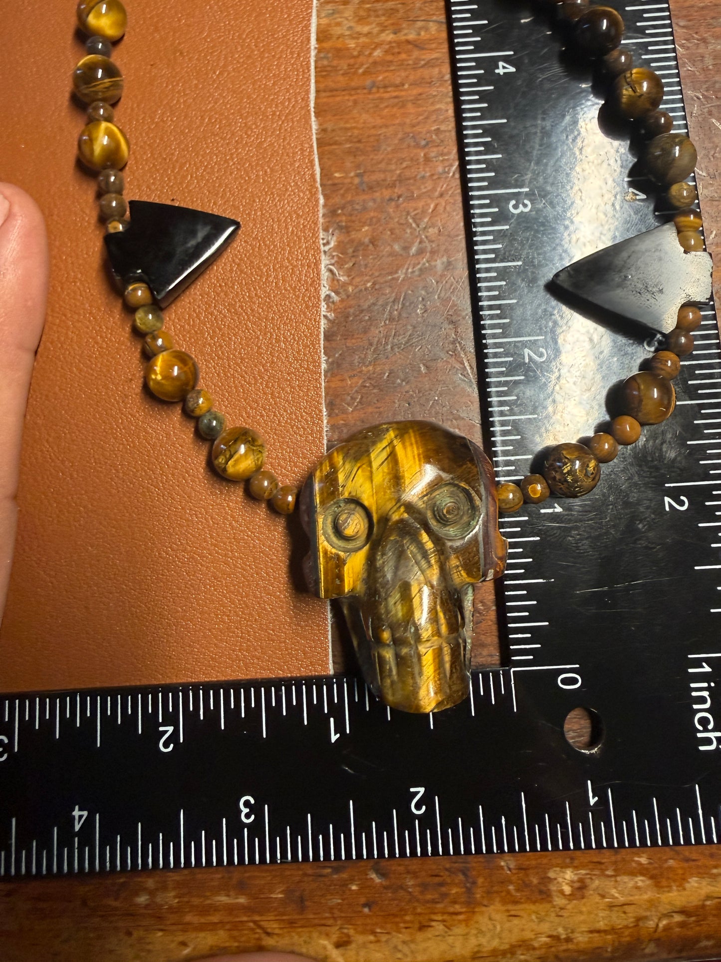 Golden Tiger Eye Stone Skull Necklace, Mictlantecuhtli, Obsidian Black Arrowheads, Beads #38