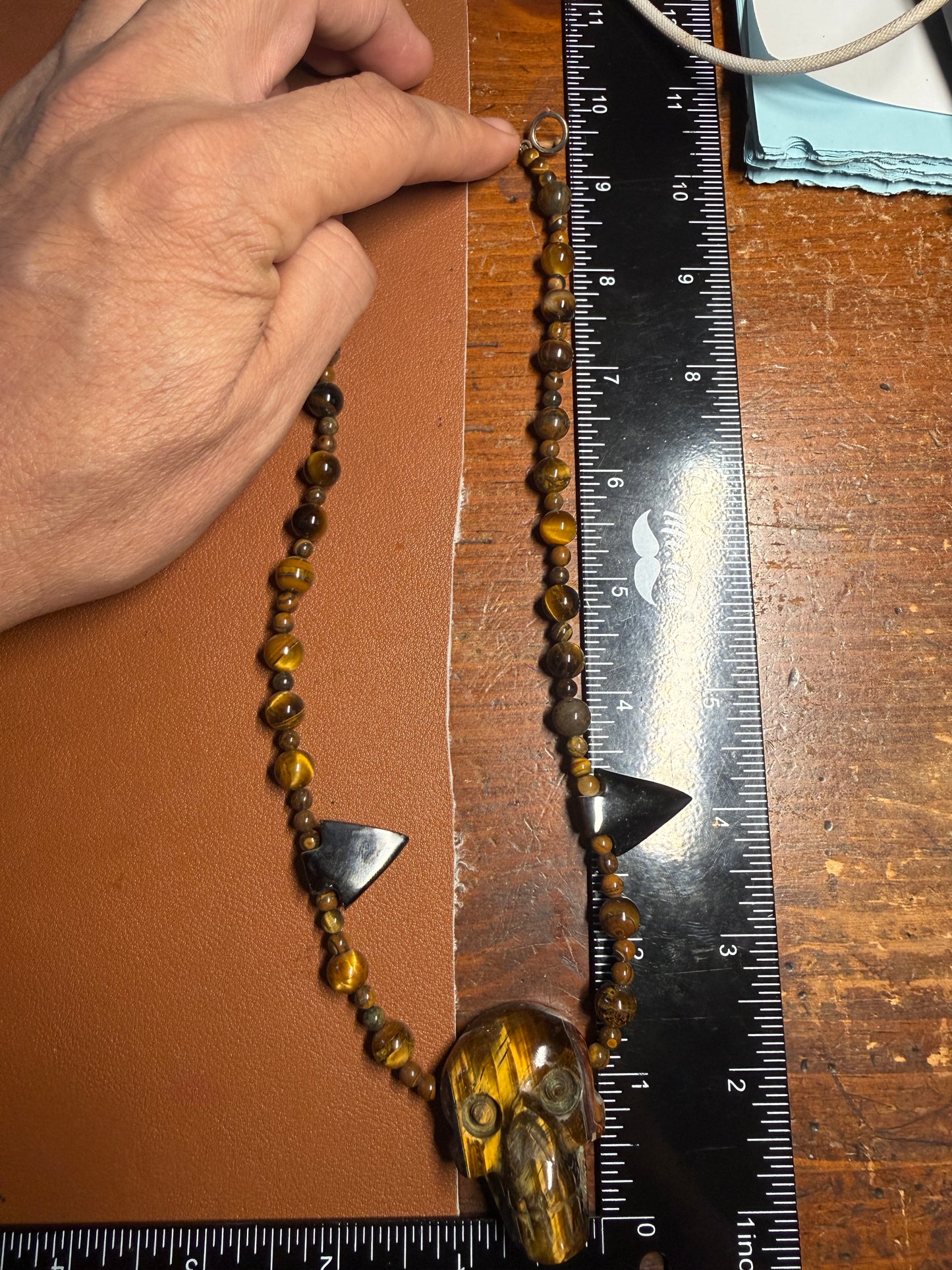 Golden Tiger Eye Stone Skull Necklace, Mictlantecuhtli, Obsidian Black Arrowheads, Beads #38