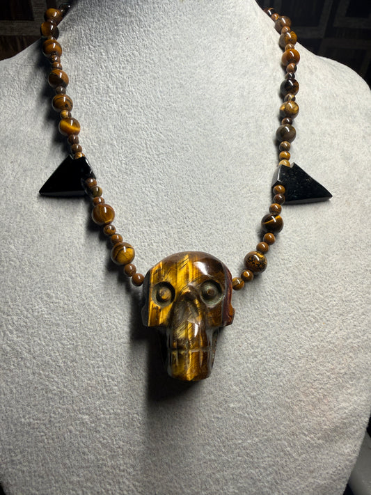 Golden Tiger Eye Stone Skull Necklace, Mictlantecuhtli, Obsidian Black Arrowheads, Beads #38