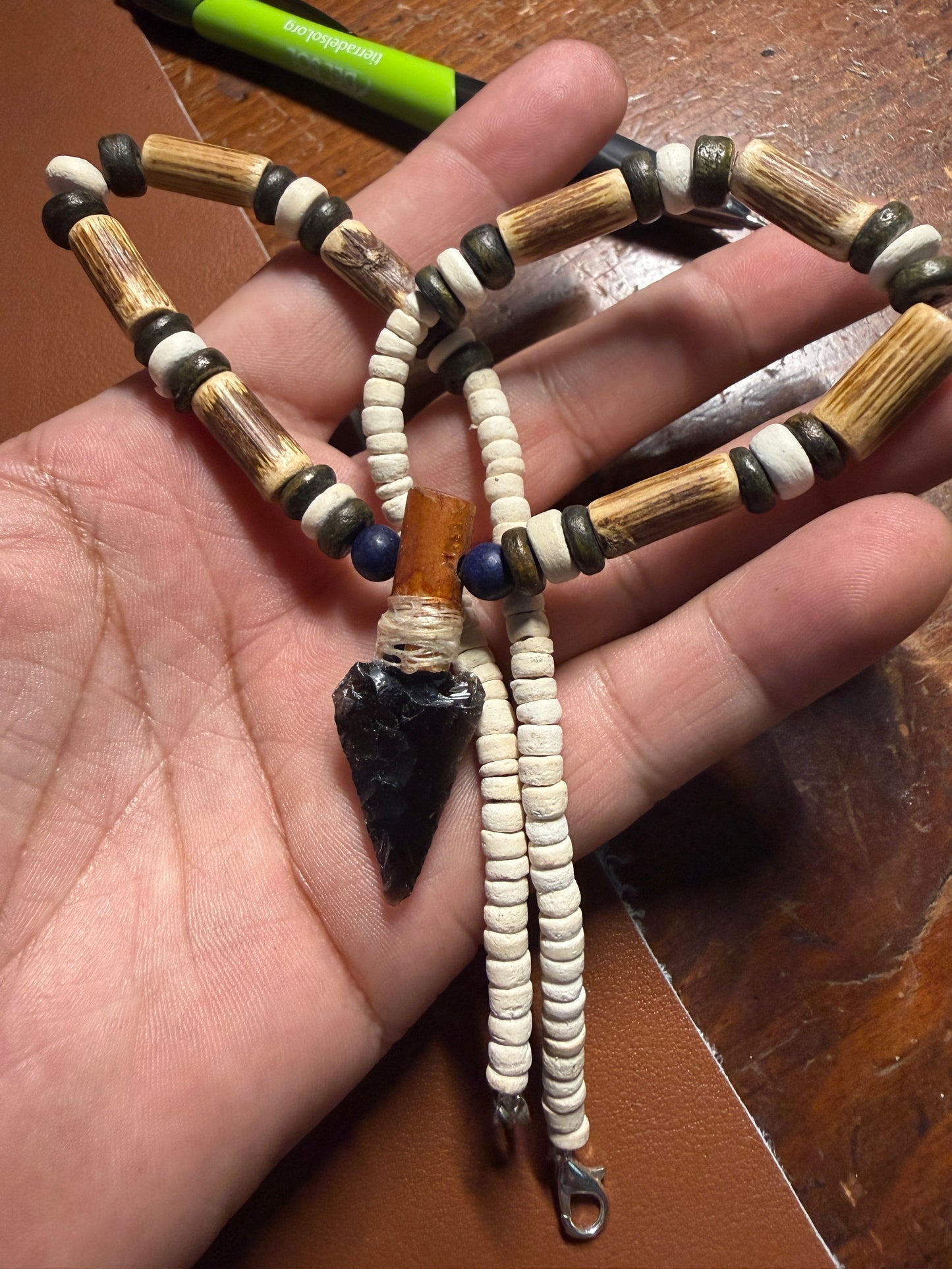 Obsidian Arrowhead Pendant Beaded Necklace, Mexican, Aztec, Mexico #38