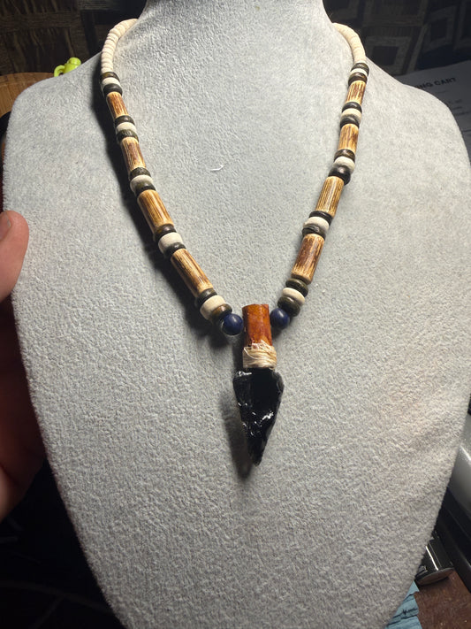 Obsidian Arrowhead Pendant Beaded Necklace, Mexican, Aztec, Mexico #38