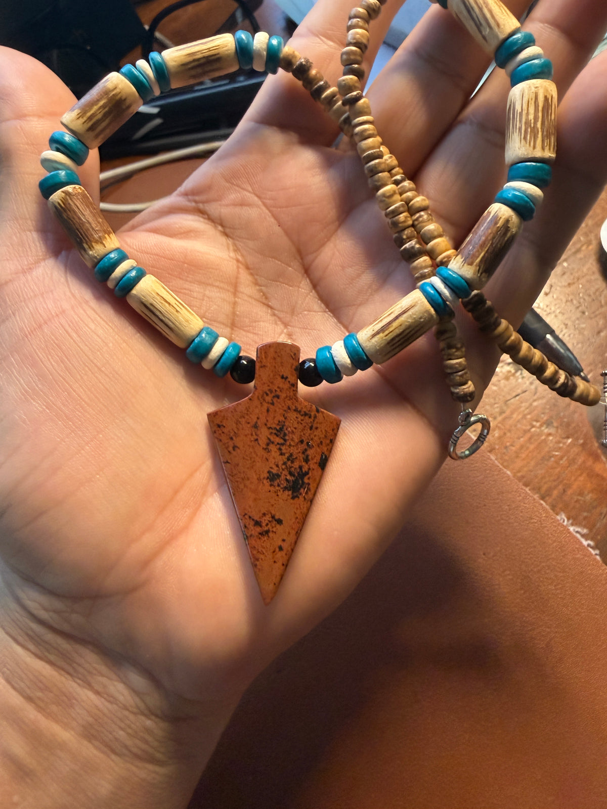 Mahogany Obsidian Arrowhead Pendant beaded necklace, Mexican, Aztec, Mexico, #38