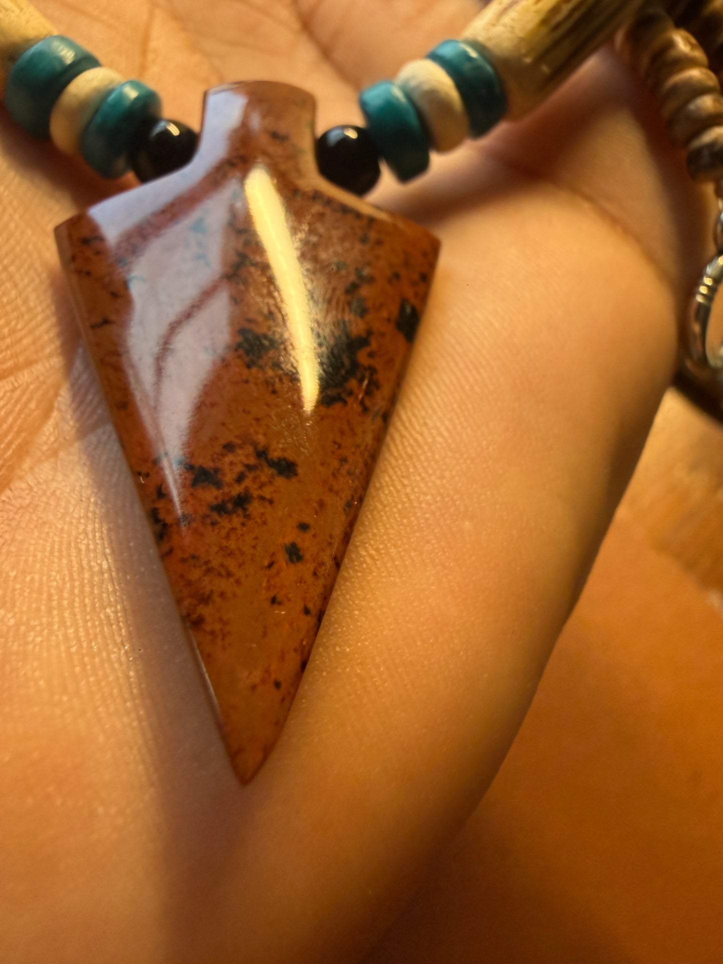 Mahogany Obsidian Arrowhead Pendant beaded necklace, Mexican, Aztec, Mexico, #38
