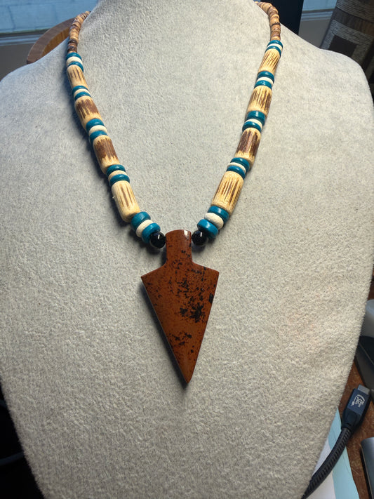 Mahogany Obsidian Arrowhead Pendant beaded necklace, Mexican, Aztec, Mexico, #38