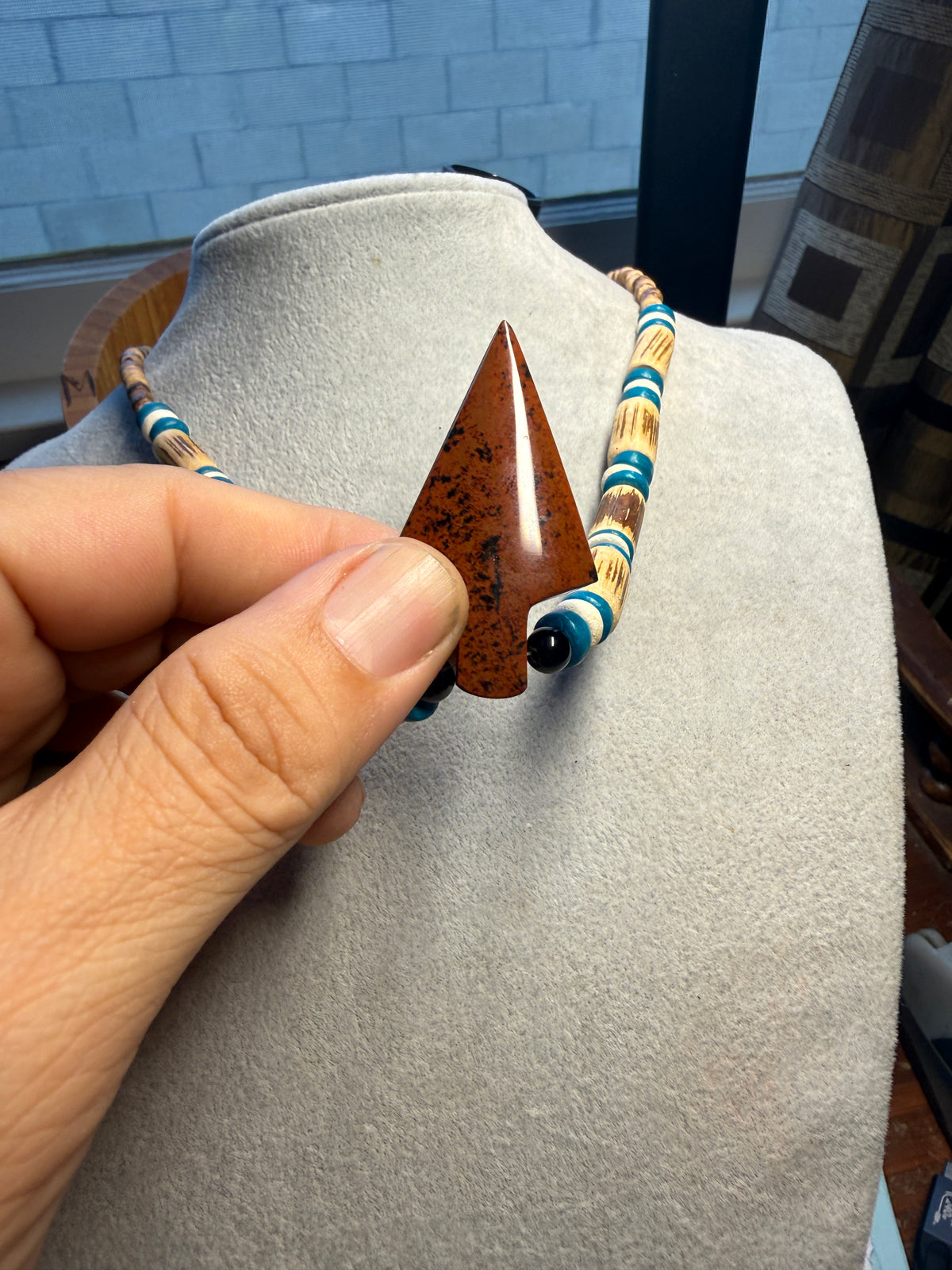 Mahogany Obsidian Arrowhead Pendant beaded necklace, Mexican, Aztec, Mexico, #38