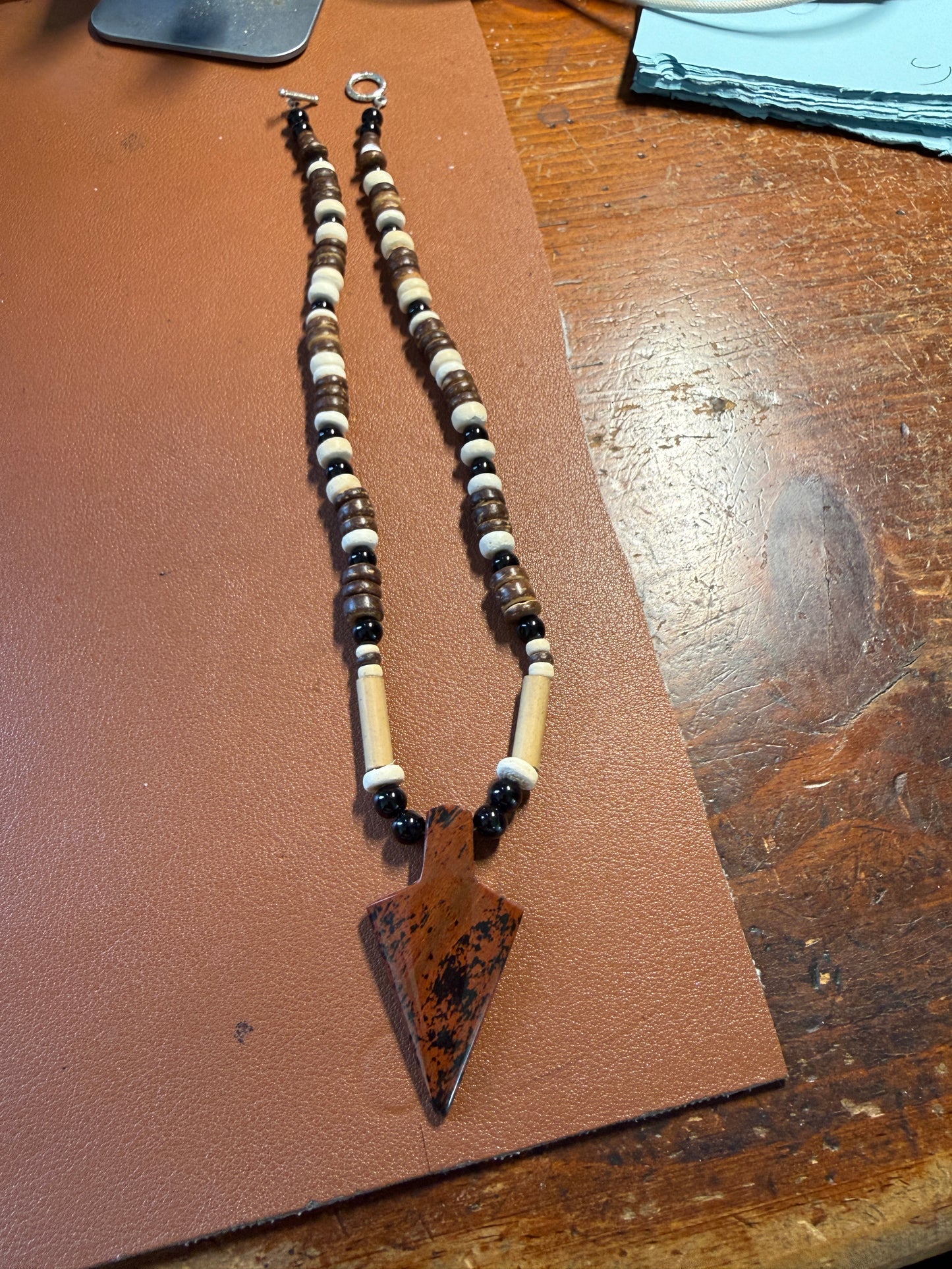 Mahogany Obsidian Arrowhead Pendant beaded necklace, Mexican, Aztec, Mexico, #38